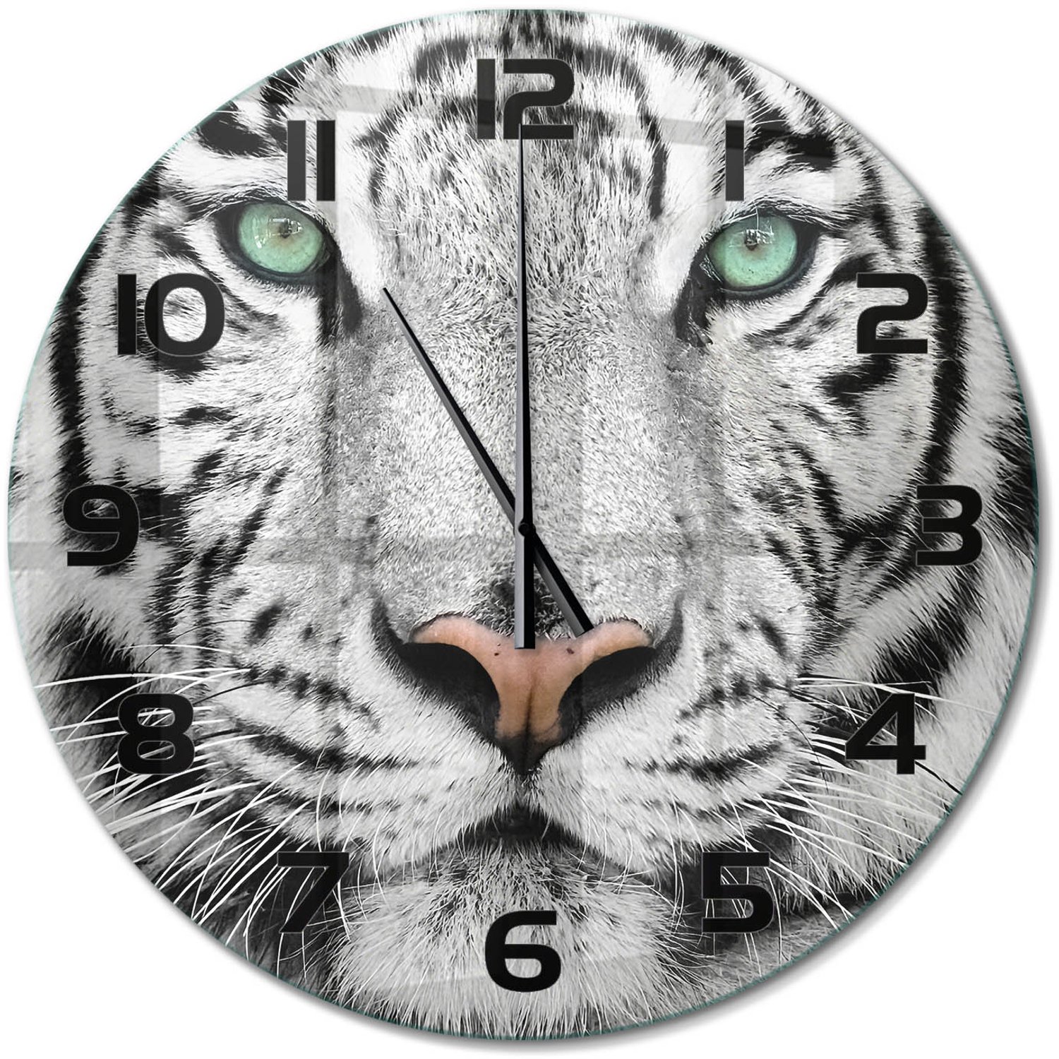 TULUP Wandklok - Witte Tijger Glazen Wandklok Design - fi60 cm - Wit Klok Glas Met Opdruk - Zwarte handen - Ronde Klok - Wandklok Glas Met Motief - Decoratieve Glazen Klok