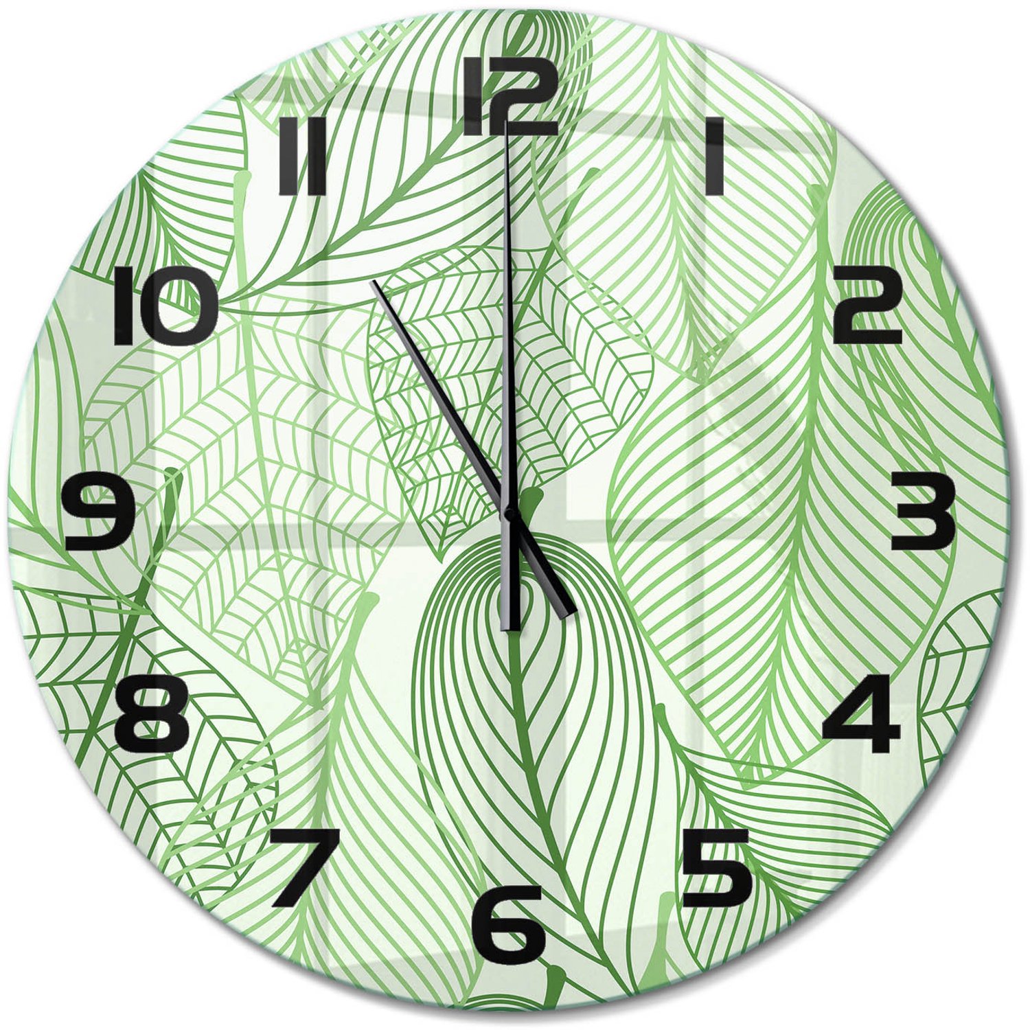 TULUP Wandklok - Bladpatroon Decoratieve Glazen Klok - fi60 cm - Groente Glazen Wandklok Design - Zwarte handen - Ronde Klok - Glazen Klok Met Print - Wandklok Glas Met Motief