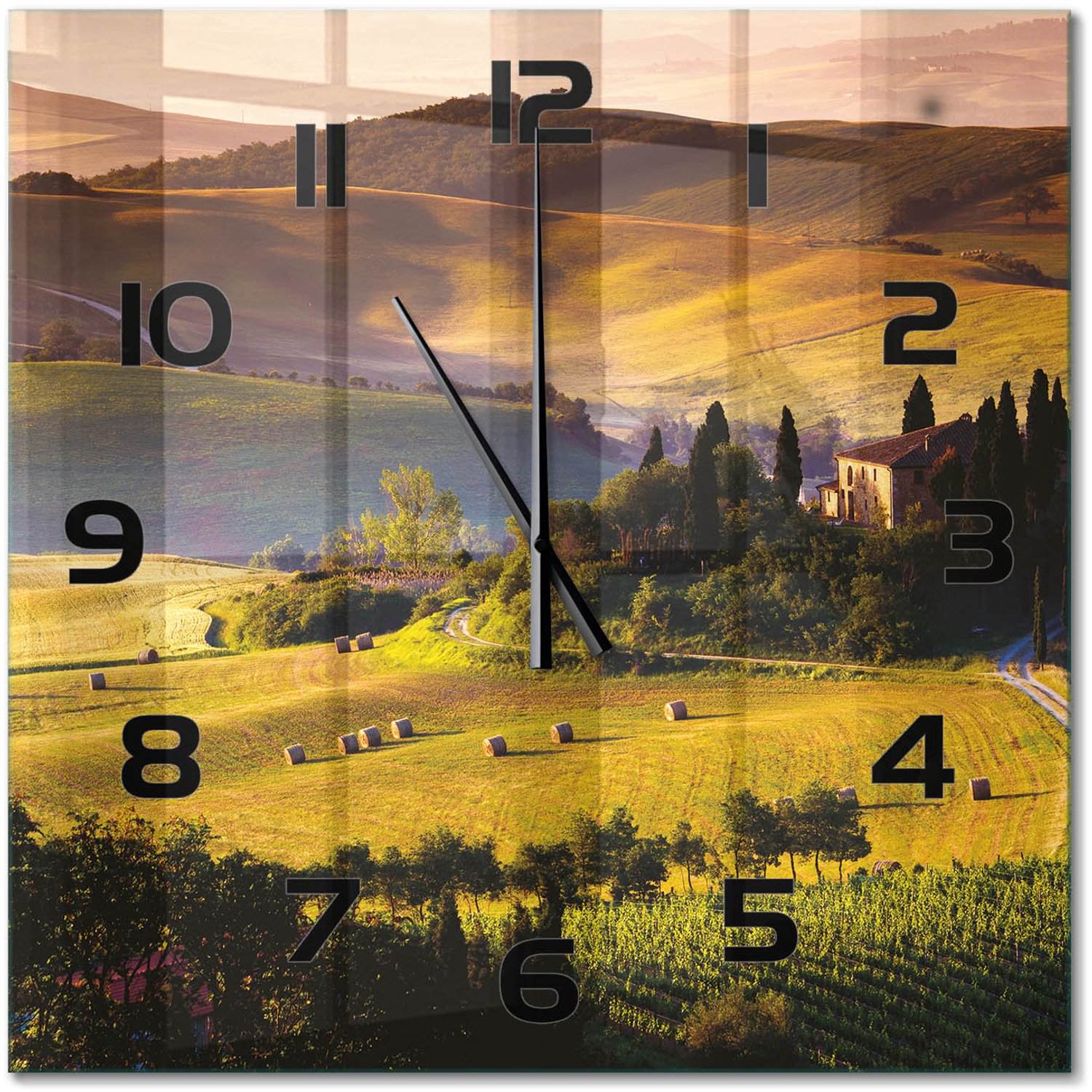 TULUP Wandklok - Toscane, Italië Moderne Wandklok Glas - 60x60 cm - Groente Wandklok Glas Decoratie - Zwarte handen - Vierkante Klok - Glazen Wandklok Design - Klok Glas Met Opdruk