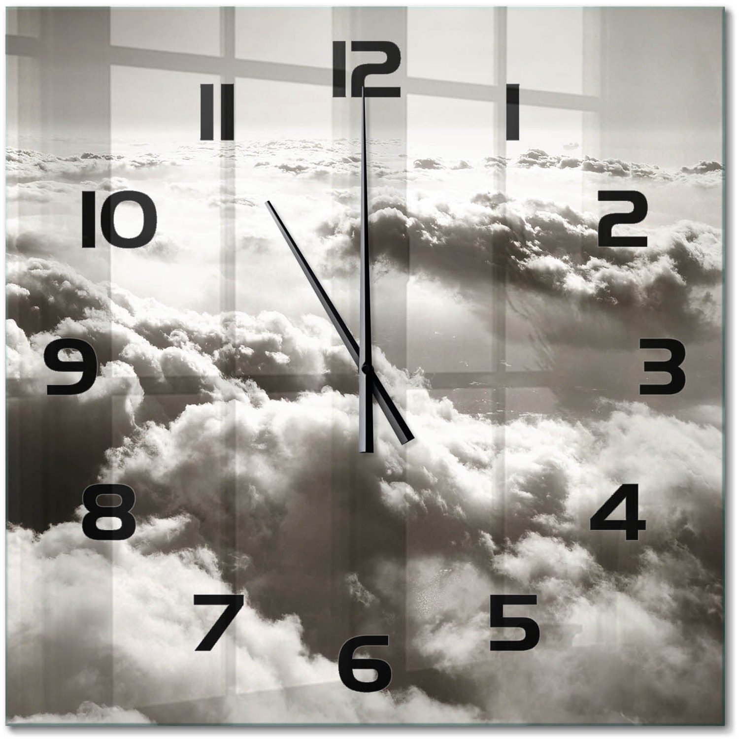 TULUP Wandklok - Wolken gezien vanuit vogelperspectief Gekleurde Glazen Klok - 60x60 cm - Zwart-wit Glazen Klok Met Print - Zwarte handen - Vierkante Klok - Moderne Wandklok Glas - Wandklok Glas Decoratie