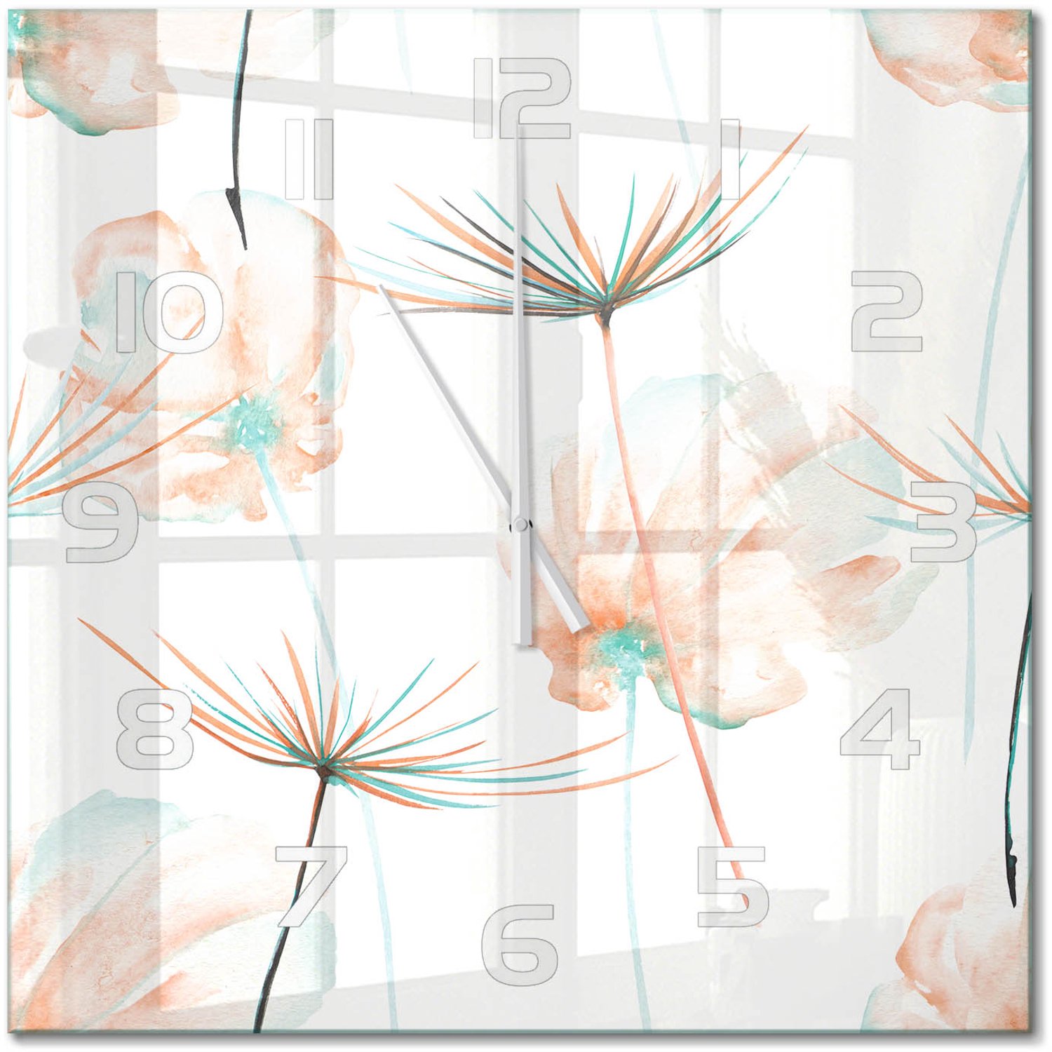TULUP Wandklok - Paardebloem Glazen Klok Met Print - 60x60 cm - Oranje Wandklok Glas Met Motief - Witte handen - Vierkante Klok - Wandklok Glas Decoratie - Gekleurde Glazen Klok