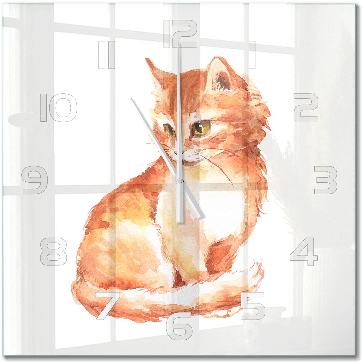 TULUP Wandklok - Rode Kat Wandklok Glas Decoratie - 60x60 cm - Oranje Gekleurde Glazen Klok - Witte handen - Vierkante Klok - Klok Glas Met Opdruk - Moderne Wandklok Glas