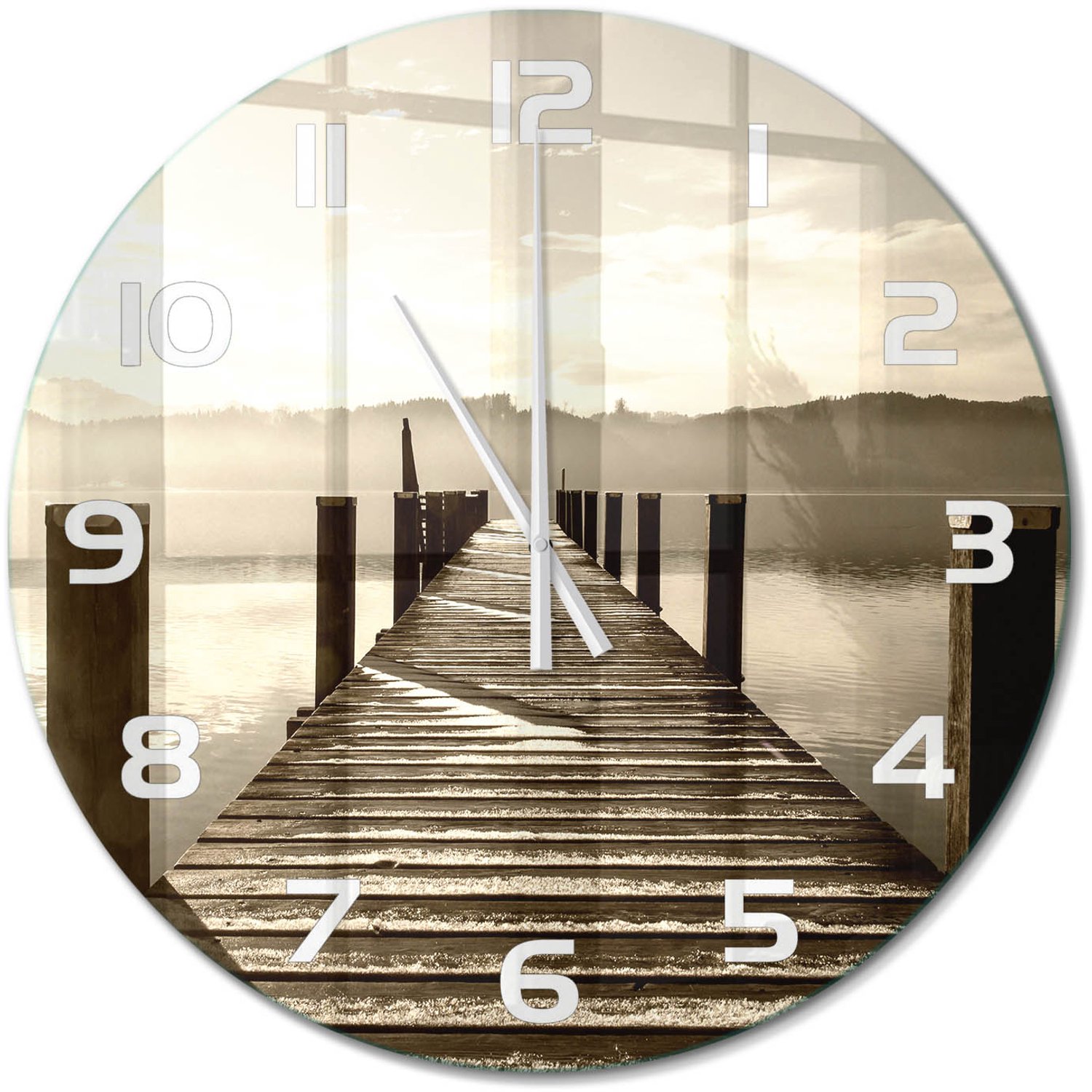 TULUP Wandklok - Houten brug Gekleurde Glazen Klok - fi60 cm - Bruin Glazen Klok Met Print - Witte handen - Ronde Klok - Moderne Wandklok Glas - Wandklok Glas Decoratie