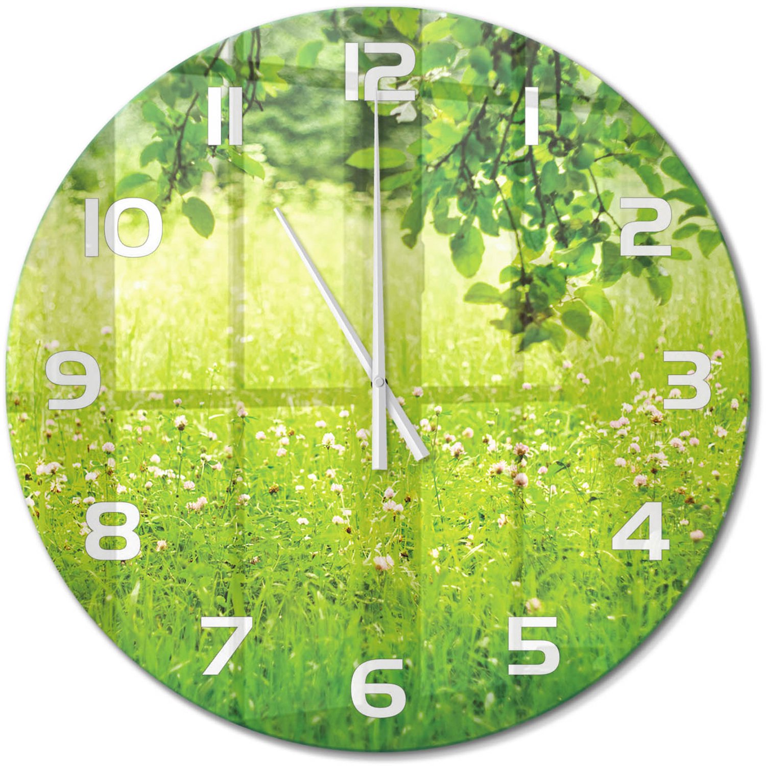 TULUP Wandklok - Groene weide Glazen Wandklok Design - fi60 cm - Groente Klok Glas Met Opdruk - Witte handen - Ronde Klok - Wandklok Glas Met Motief - Decoratieve Glazen Klok