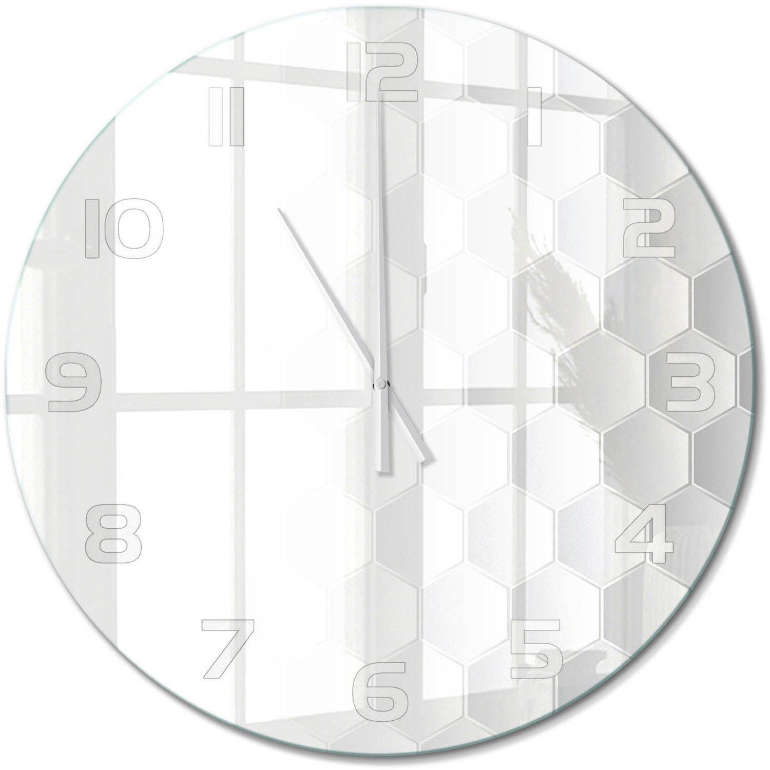 TULUP Wandklok - Zeshoekige achtergrond Wandklok Glas Met Motief - fi60 cm - Wit Decoratieve Glazen Klok - Witte handen - Ronde Klok - Gekleurde Glazen Klok - Glazen Klok Met Print