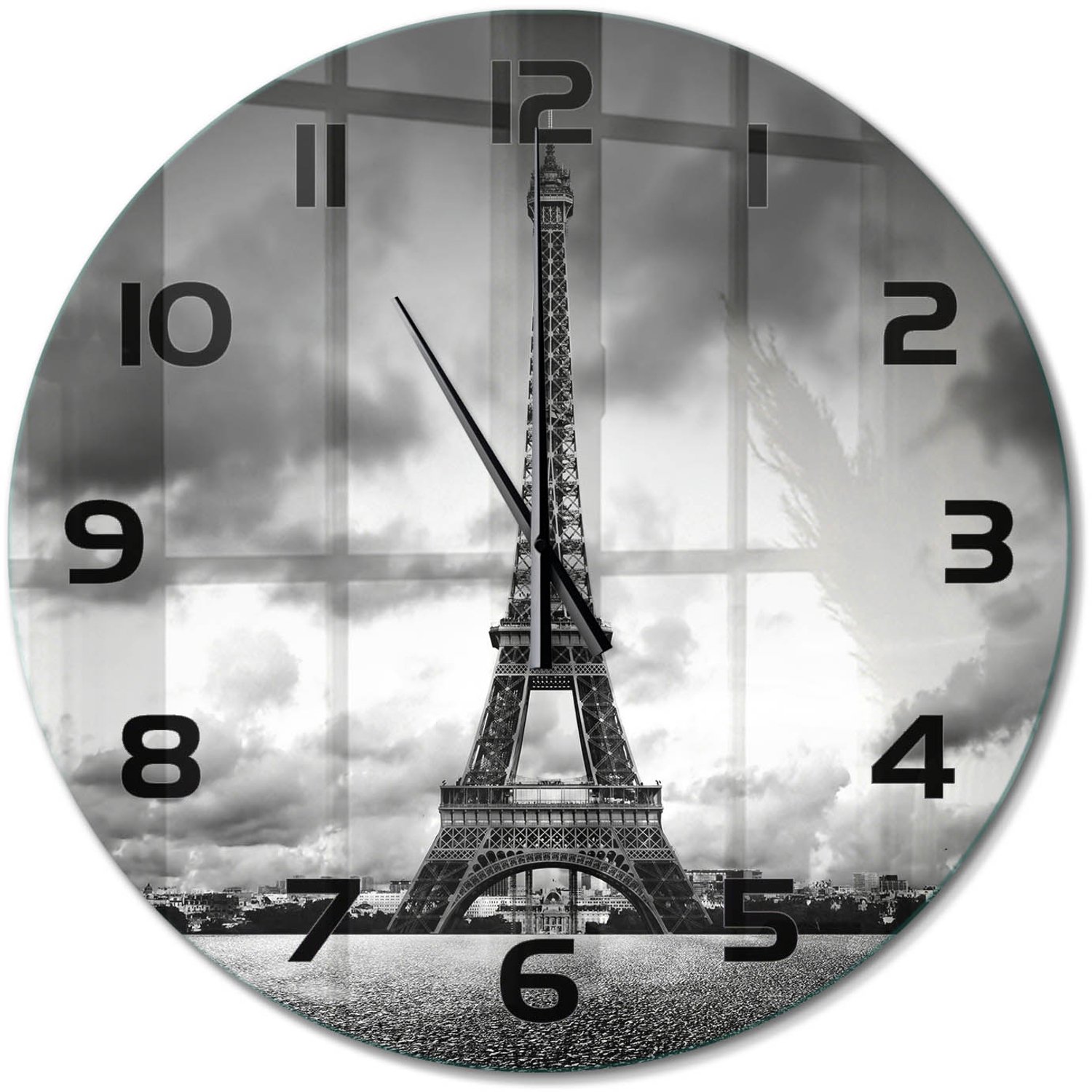TULUP Wandklok - Eiffeltoren Parijs Gekleurde Glazen Klok - fi60 cm - Zwart-wit Glazen Klok Met Print - Zwarte handen - Ronde Klok - Moderne Wandklok Glas - Wandklok Glas Decoratie