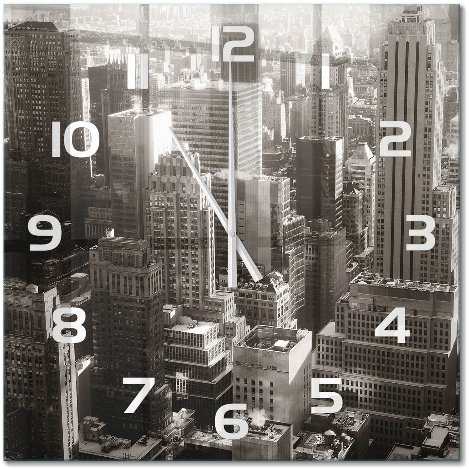 TULUP Wandklok - New York Wandklok Glas Met Motief - 60x60 cm - Zwart-wit Decoratieve Glazen Klok - Witte handen - Vierkante Klok - Gekleurde Glazen Klok - Glazen Klok Met Print