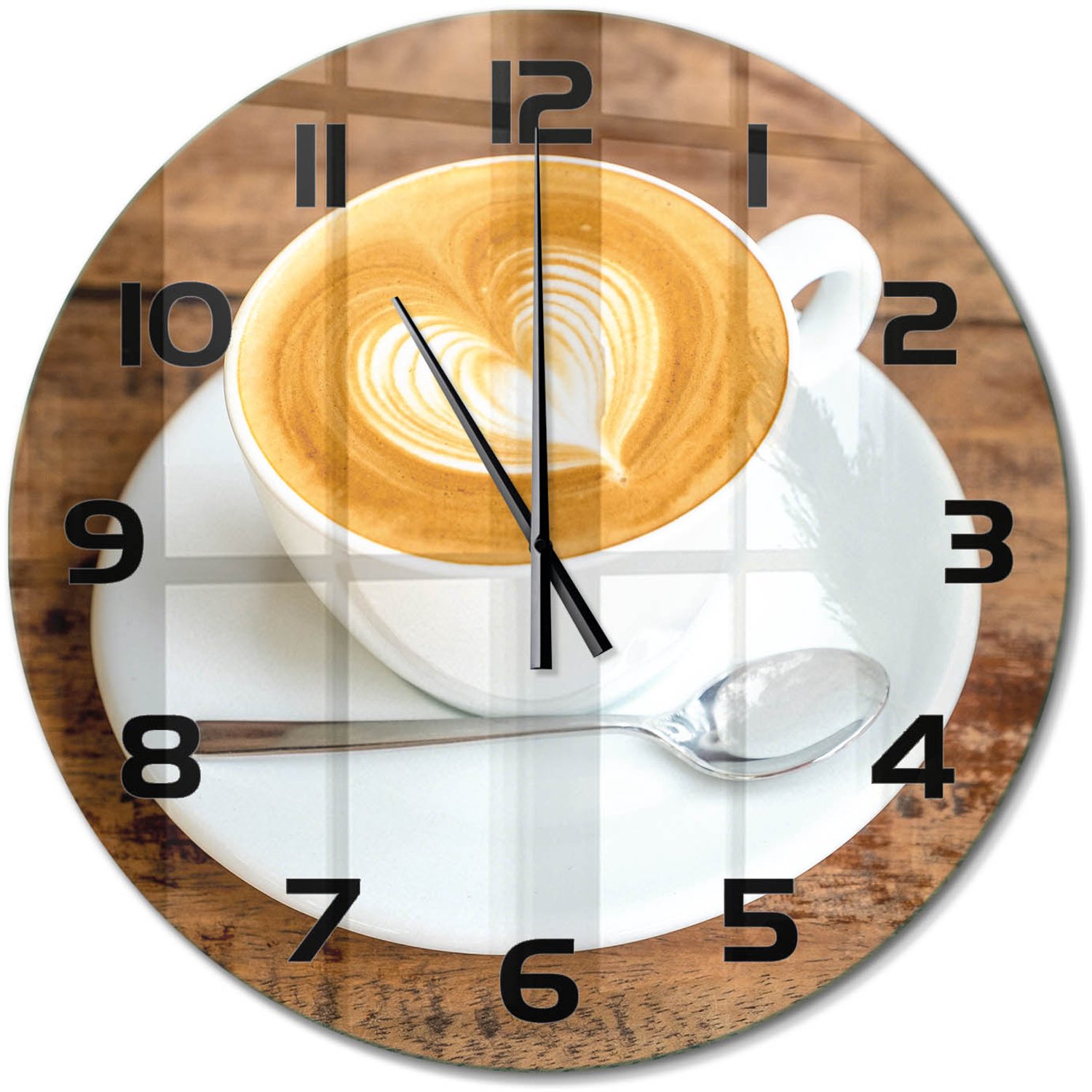 TULUP Wandklok - Koffie in een kopje Klok Glas Met Opdruk - fi60 cm - Bruin Moderne Wandklok Glas - Zwarte handen - Ronde Klok - Decoratieve Glazen Klok - Glazen Wandklok Design