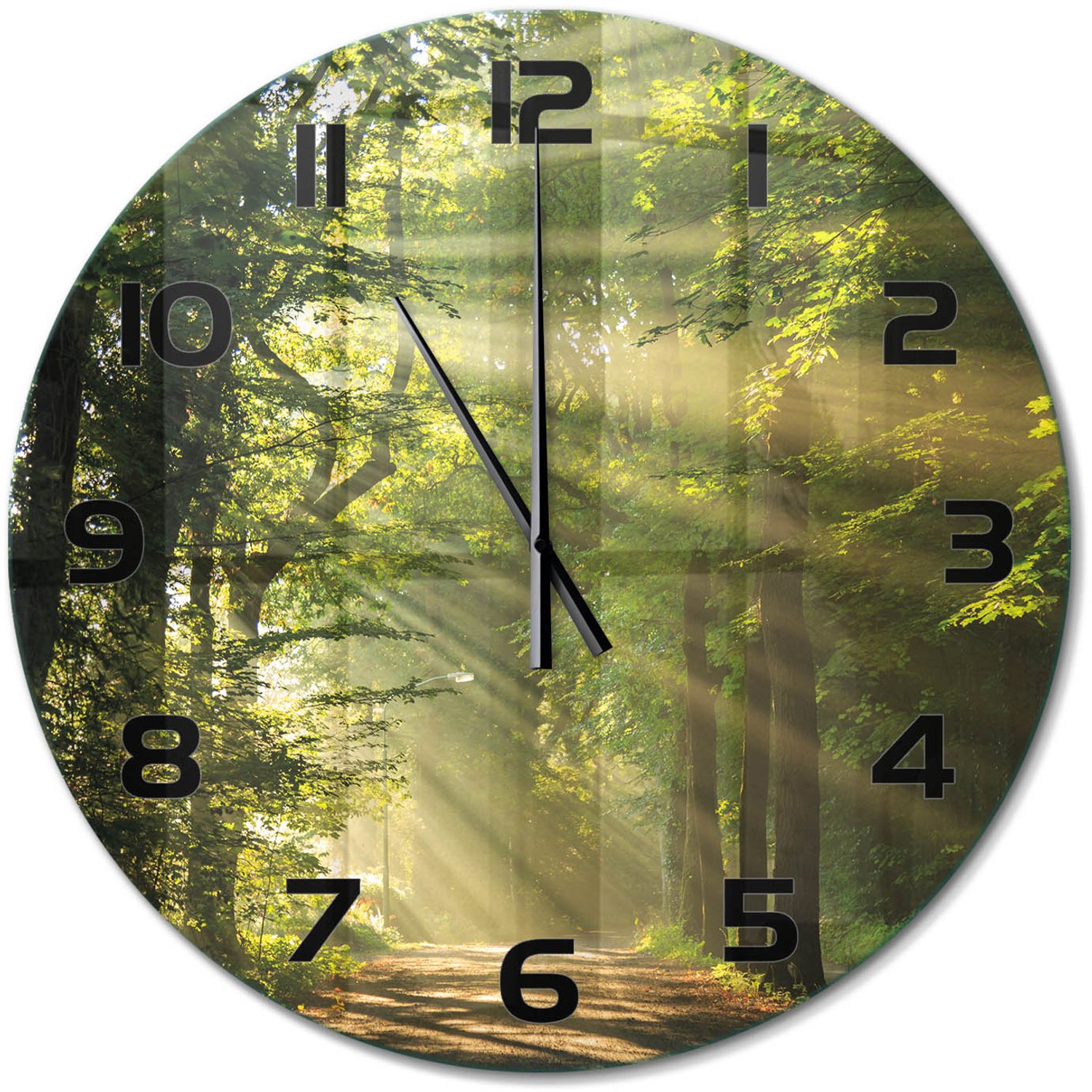 TULUP Wandklok - Bos in de zon Decoratieve Glazen Klok - fi60 cm - Groente Glazen Wandklok Design - Zwarte handen - Ronde Klok - Glazen Klok Met Print - Wandklok Glas Met Motief