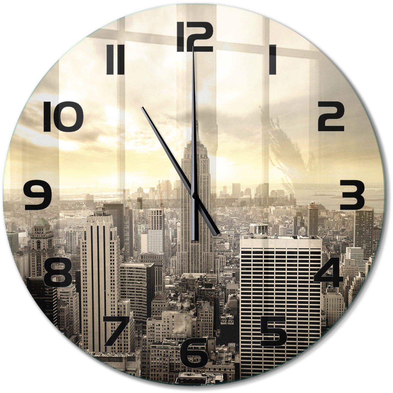 TULUP Wandklok - Manhattan, New York Wandklok Glas Met Motief - fi60 cm - Beige Decoratieve Glazen Klok - Zwarte handen - Ronde Klok - Gekleurde Glazen Klok - Glazen Klok Met Print