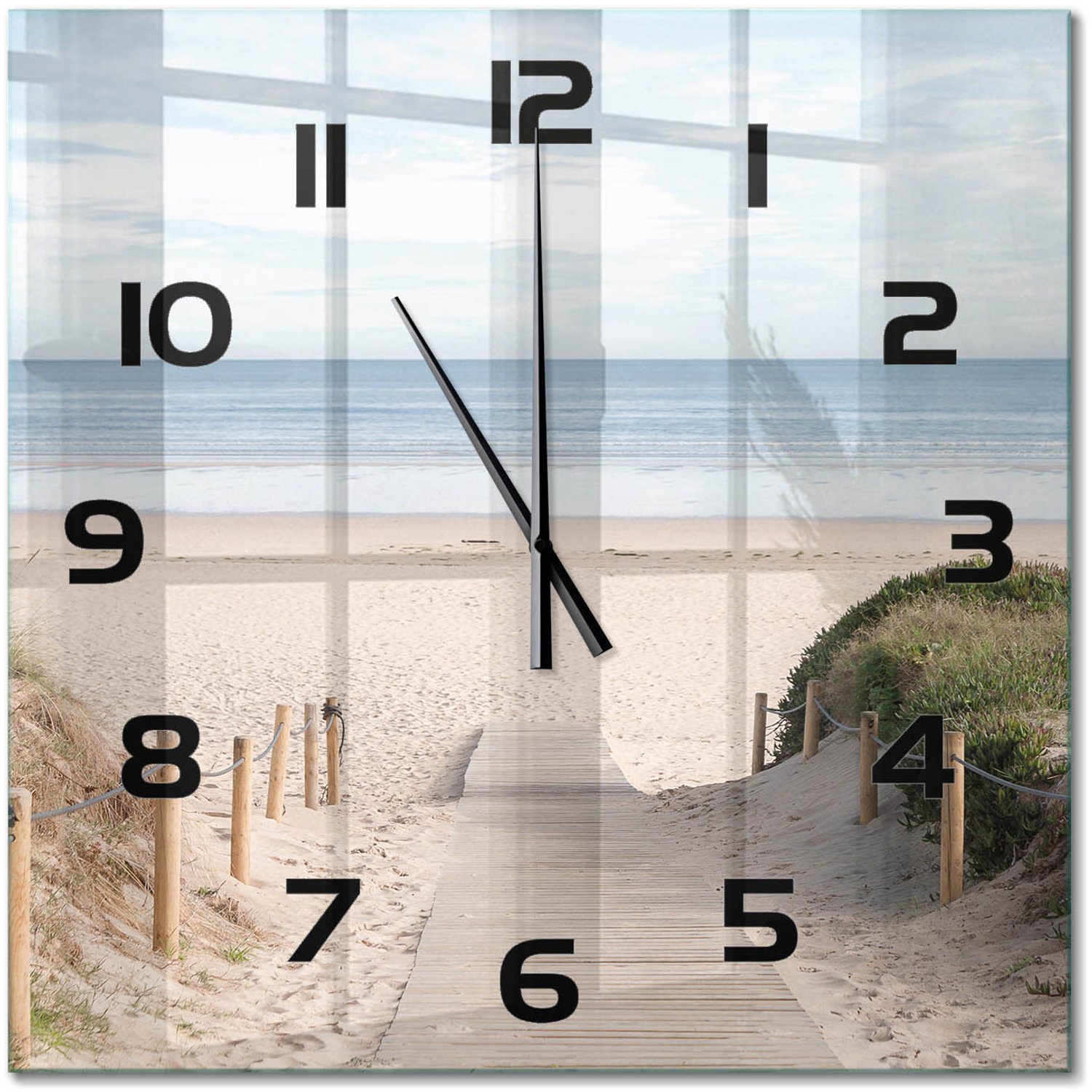 TULUP Wandklok - De weg naar het strand Glazen Klok Met Print - 60x60 cm - Beige Wandklok Glas Met Motief - Zwarte handen - Vierkante Klok - Wandklok Glas Decoratie - Gekleurde Glazen Klok