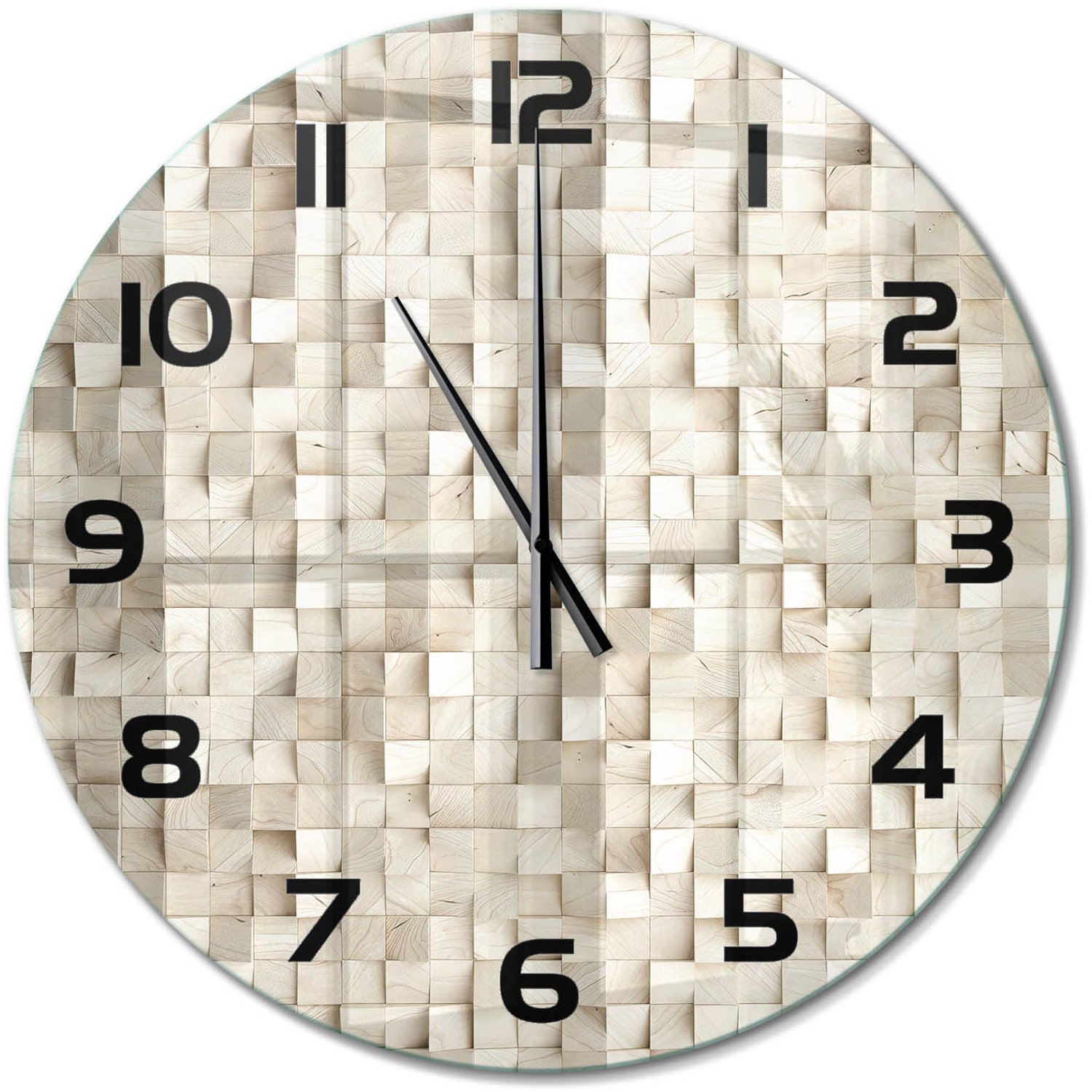 TULUP Wandklok - Houten kubussen Gekleurde Glazen Klok - fi60 cm - Beige Glazen Klok Met Print - Zwarte handen - Ronde Klok - Moderne Wandklok Glas - Wandklok Glas Decoratie