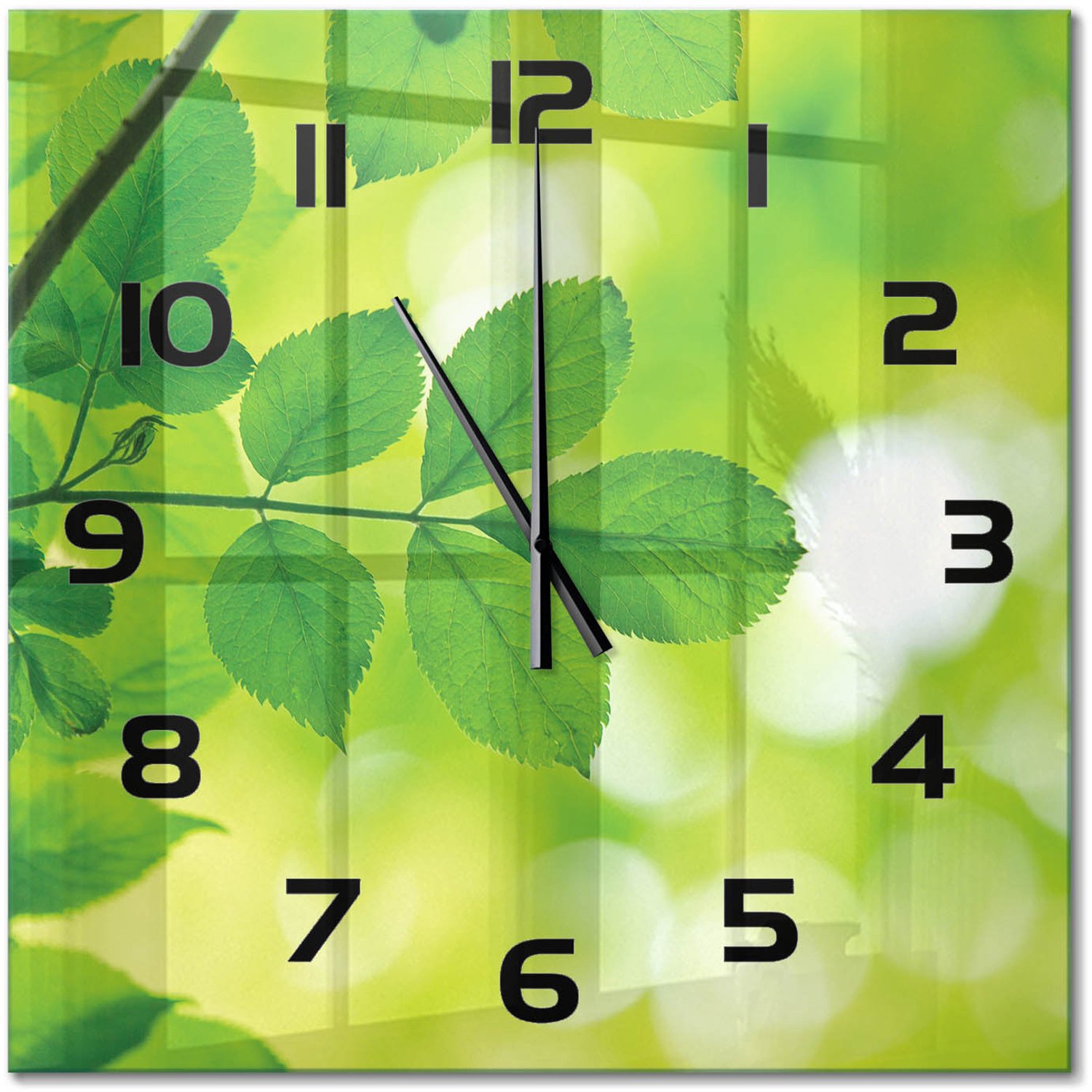 TULUP Wandklok - Groene bladeren Klok Glas Met Opdruk - 60x60 cm - Groente Moderne Wandklok Glas - Zwarte handen - Vierkante Klok - Decoratieve Glazen Klok - Glazen Wandklok Design