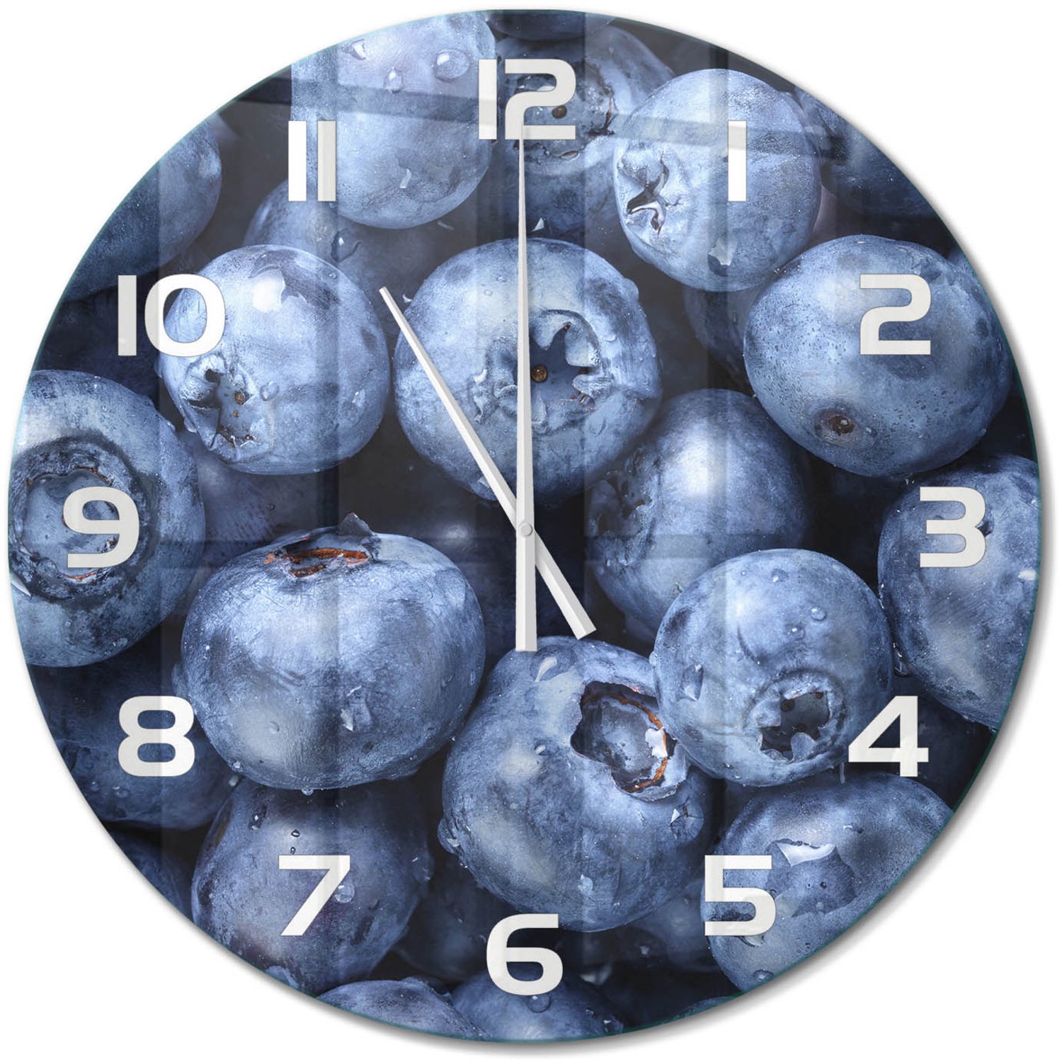 TULUP Wandklok - Bosbessen Wandklok Glas Met Motief - fi60 cm - Blauw Decoratieve Glazen Klok - Witte handen - Ronde Klok - Gekleurde Glazen Klok - Glazen Klok Met Print