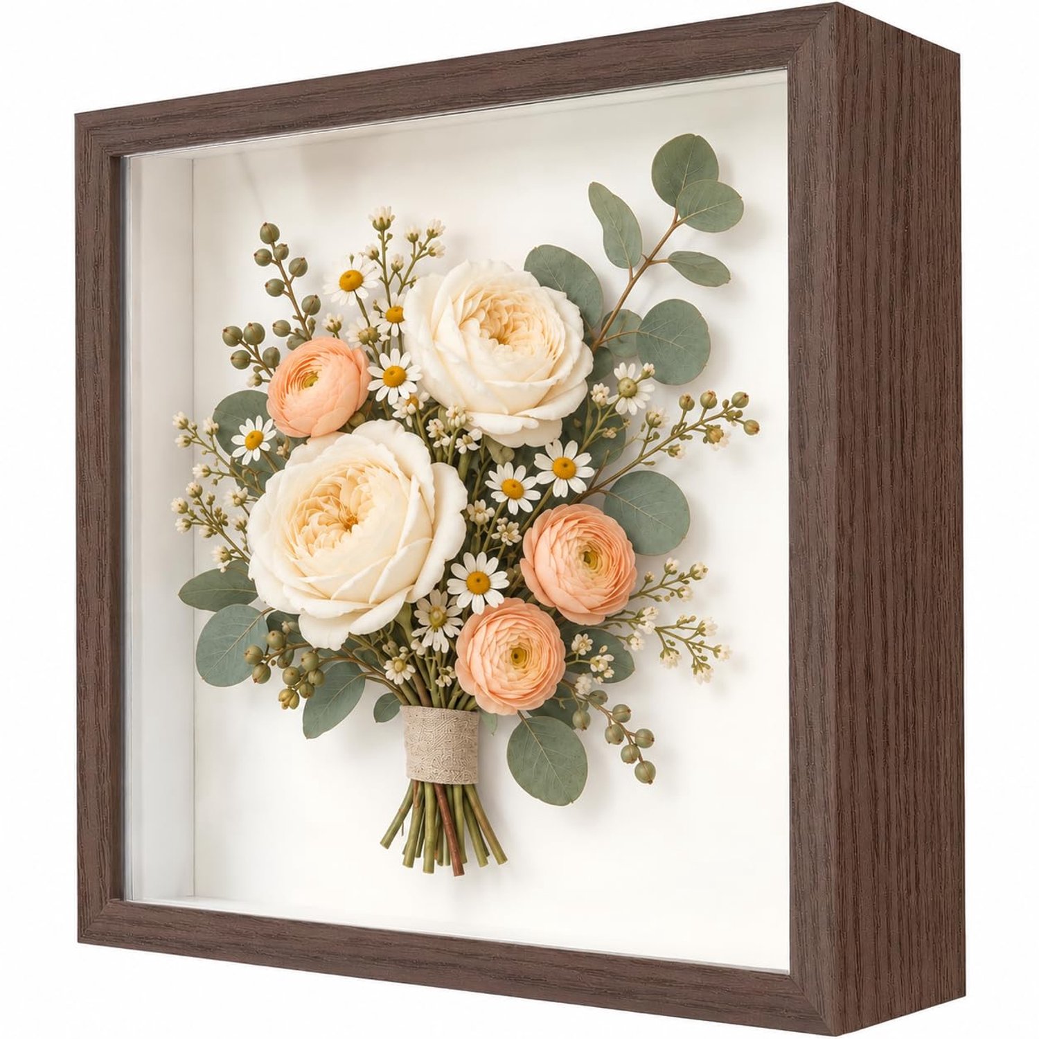 Famanu 3D fotolijst om te vullen, 22 x 22 cm, notenkleur, 3 cm diep, perfect voor het creatief tonen van herinneringen en kleine voorwerpen in uw interieur of als persoonlijk cadeau wit
