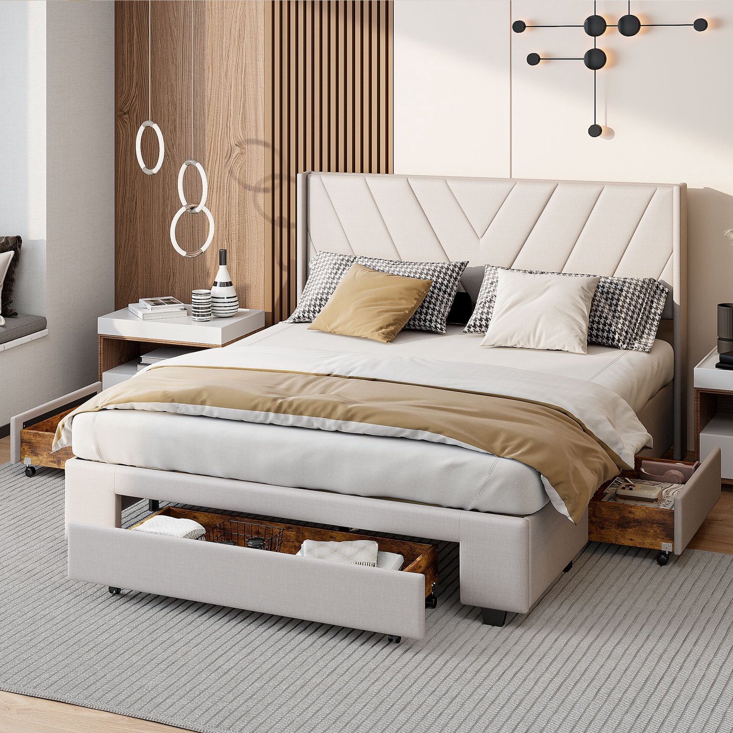 Mofor Gestoffeerd Opbergbed 140x200 cm met 3 lades - Tweepersoonsbed met opbergruimte - Lattenbodem - Kunstleer gestoffeerd bed - Beige