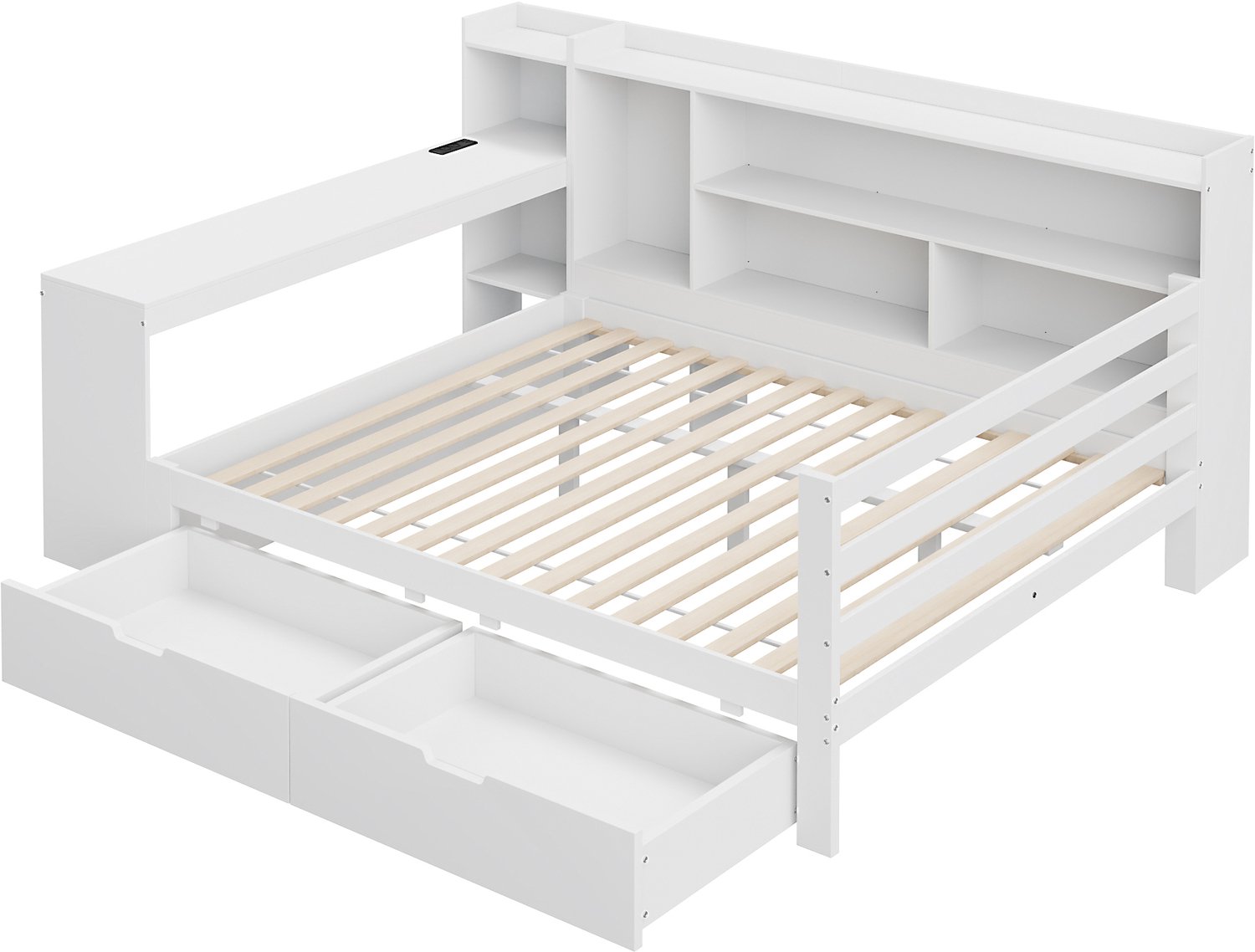MUVANO Multifunctioneel tweepersoonsbed 140 x 200 cm - massief houten slaapbank met bureau, boekenkast, opbergladen en stopcontact voor slaapkamer, wit
