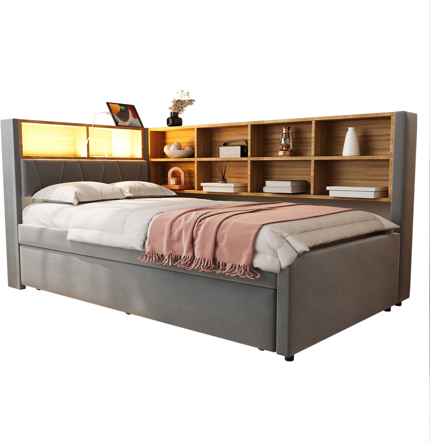 MUVANO Slaapbank 90x200 met onderschuifbed 90x190 - LED-verlichting - opbergvakken - flanellen bekleding - eenpersoonsbed voor twee slaapplaatsen, donkergrijs