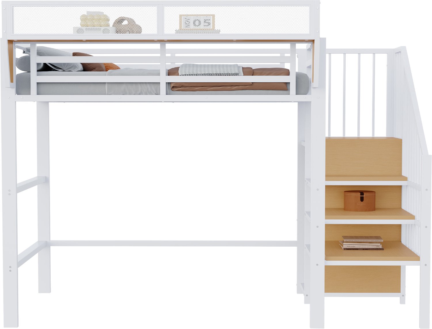 MUVANO Witte metalen hoogslaper 90x200 met veiligheidsladder en verstelbaar opbergrek, ruimtebesparend ontwerp voor kleine kamers, studenten- en kinderkamers