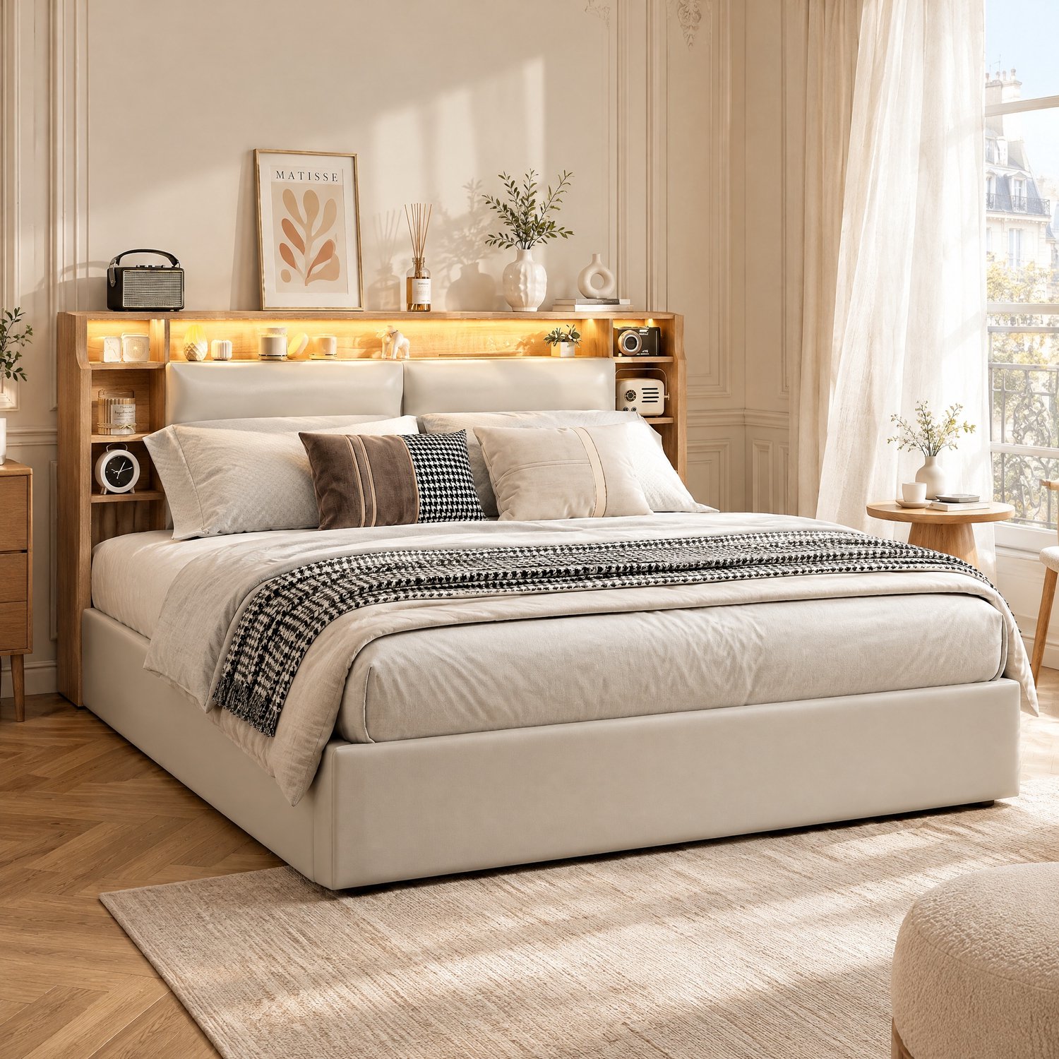 MEXUS Boxspringbed Gestoffeerd Bed 160x200 cm met LED-Verlichting,Tweepersoonsbed met Lattenbodem en Hydraulische Hendel,Opbergbed, gestoffeerd bedframe,PU,Wit,Zonder Matras