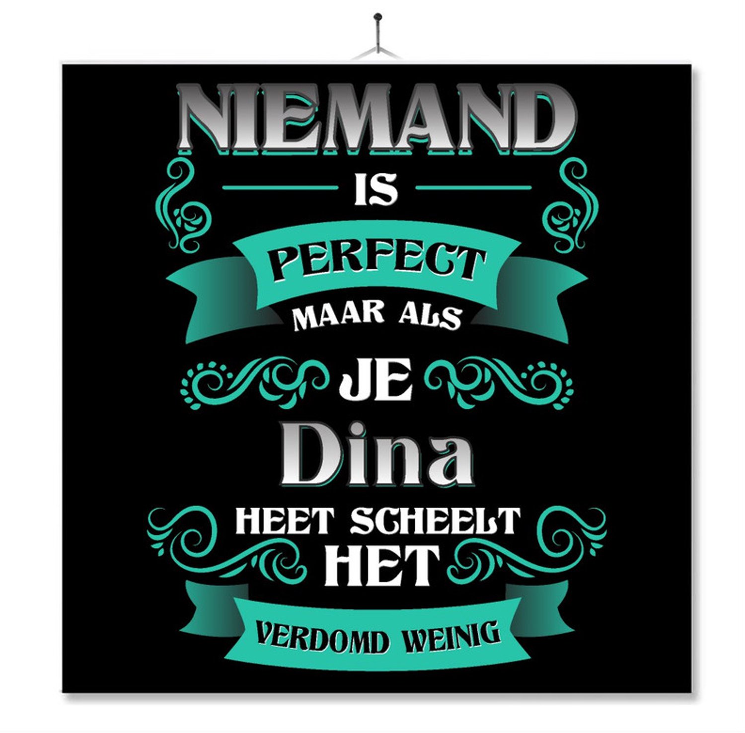 MC Living Tegel Met Opdruk | Kado | Cadeau | Niemand Is Perfect Maar Als Je Dina Heet Scheelt Het Verdomd Weinig Multi-Color