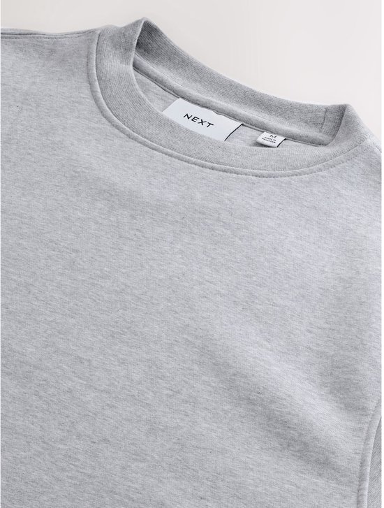 Close-up van het grijze sweatshirt met ronde hals, met label van het merk NEXT in de nek.