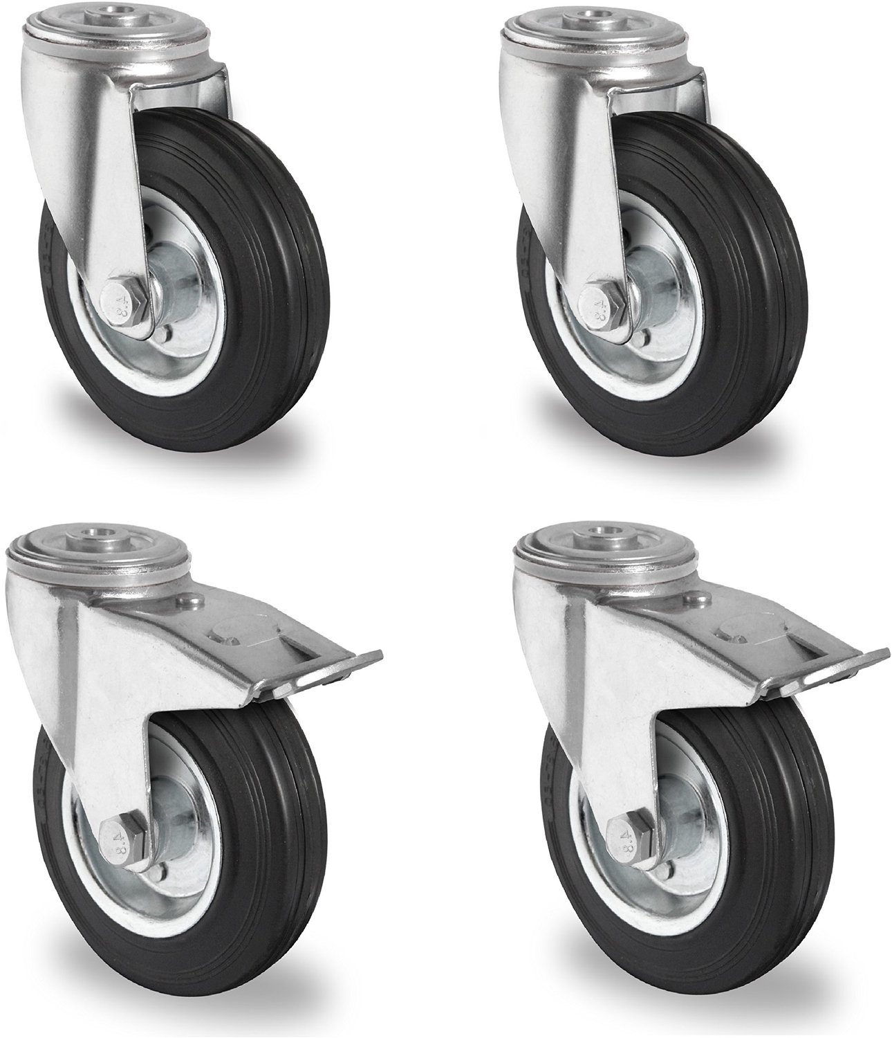 Set van 4 Rubberen Zwenkwielen 100 mm met en zonder Rem 250 kg Totaal