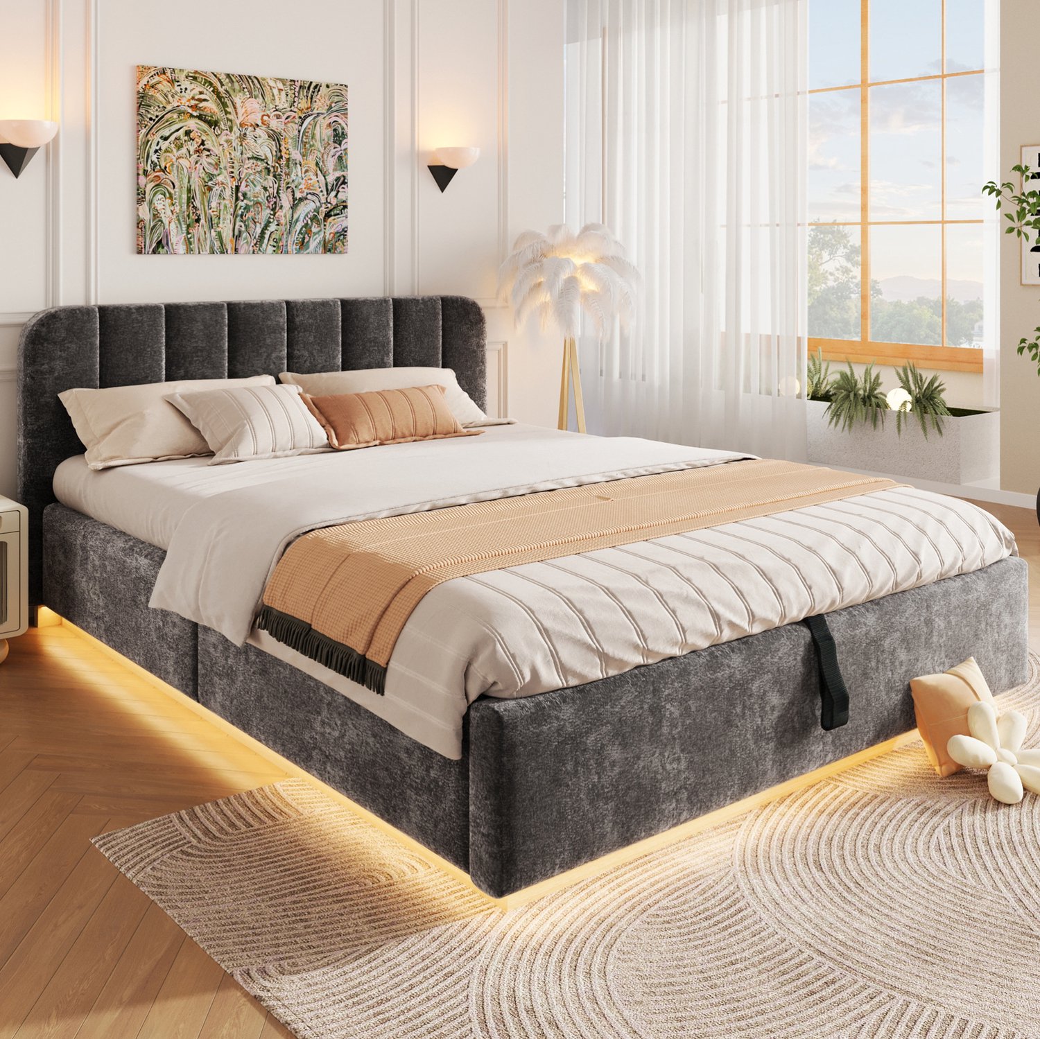 HAUSS SPOLE Gestoffeerd Bed 140x200 cm - Tweepersoonsbed met Lattenbodem - Hydraulische Opbergruimte en Verlichting - Zonder Matras - Chenille - Antraciet