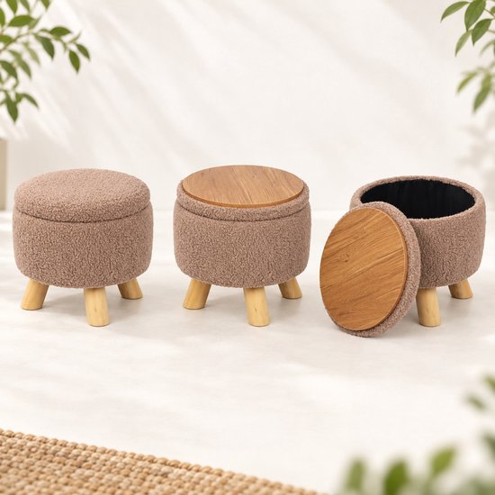 Drie aanzichten van een bruine teddy poef: gesloten, met houten blad, en open.