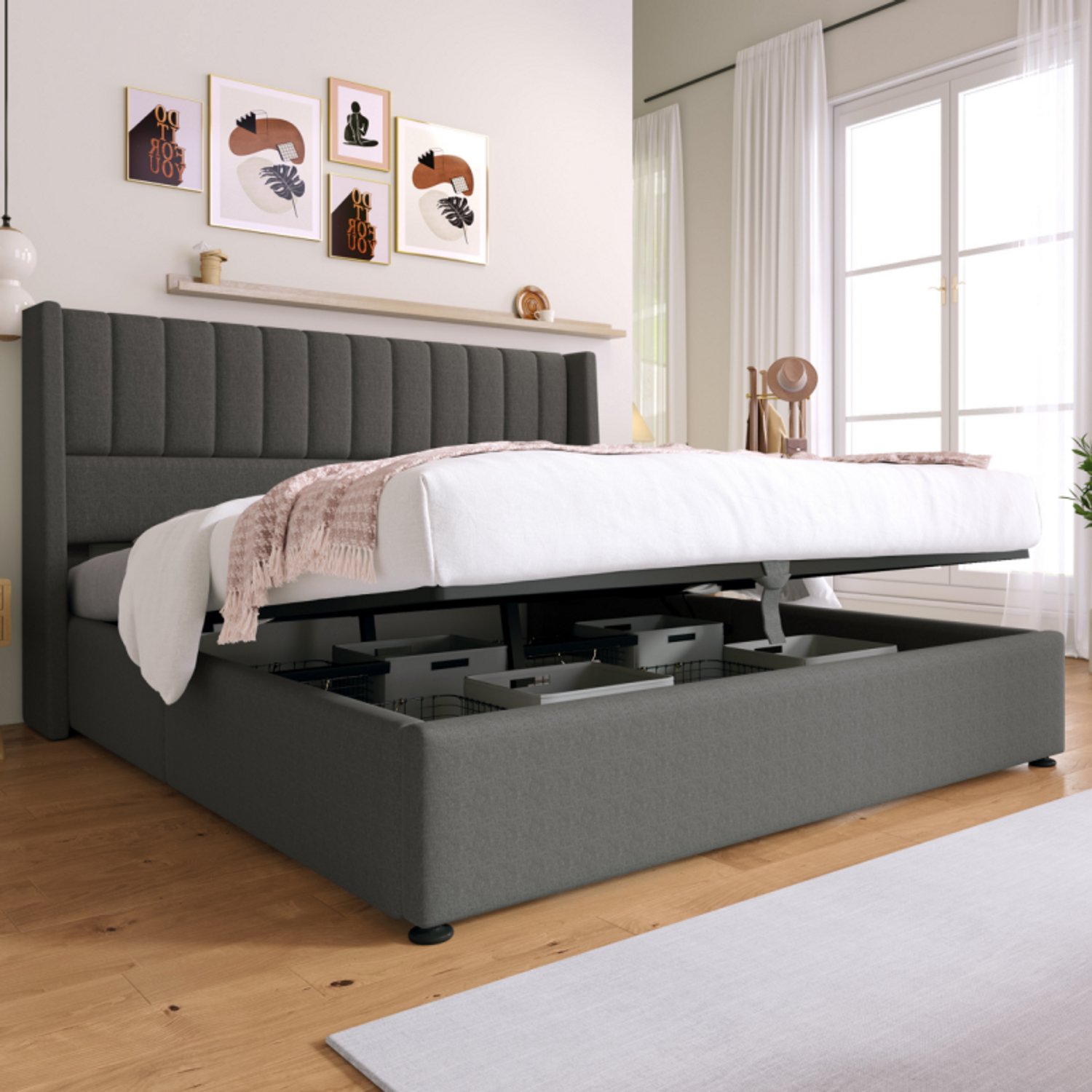 Wishdor Tweepersoonsbed 180x200 cm - Hydraulisch opklapbaar met opbergruimte - Gestoffeerd hoofdbord - Lattenbodem met metalen frame - Modern voor slaapkamer - Linnen en hout - Grijs