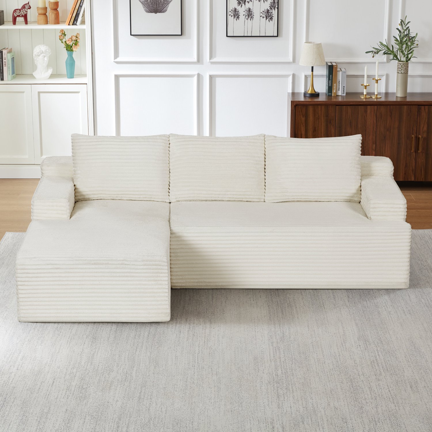 FloraGrace Hoekbank 238 x 190 x 66 cm - Modulaire Slaapbank met Diepe Zit en Ligdeel - Woonkamer en Logeerkamer - Ribfluweel - Beige