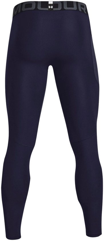 Donkerblauwe Under Armour sportlegging, achterkant met elastische tailleband waarop 'ARMOUR' staat.