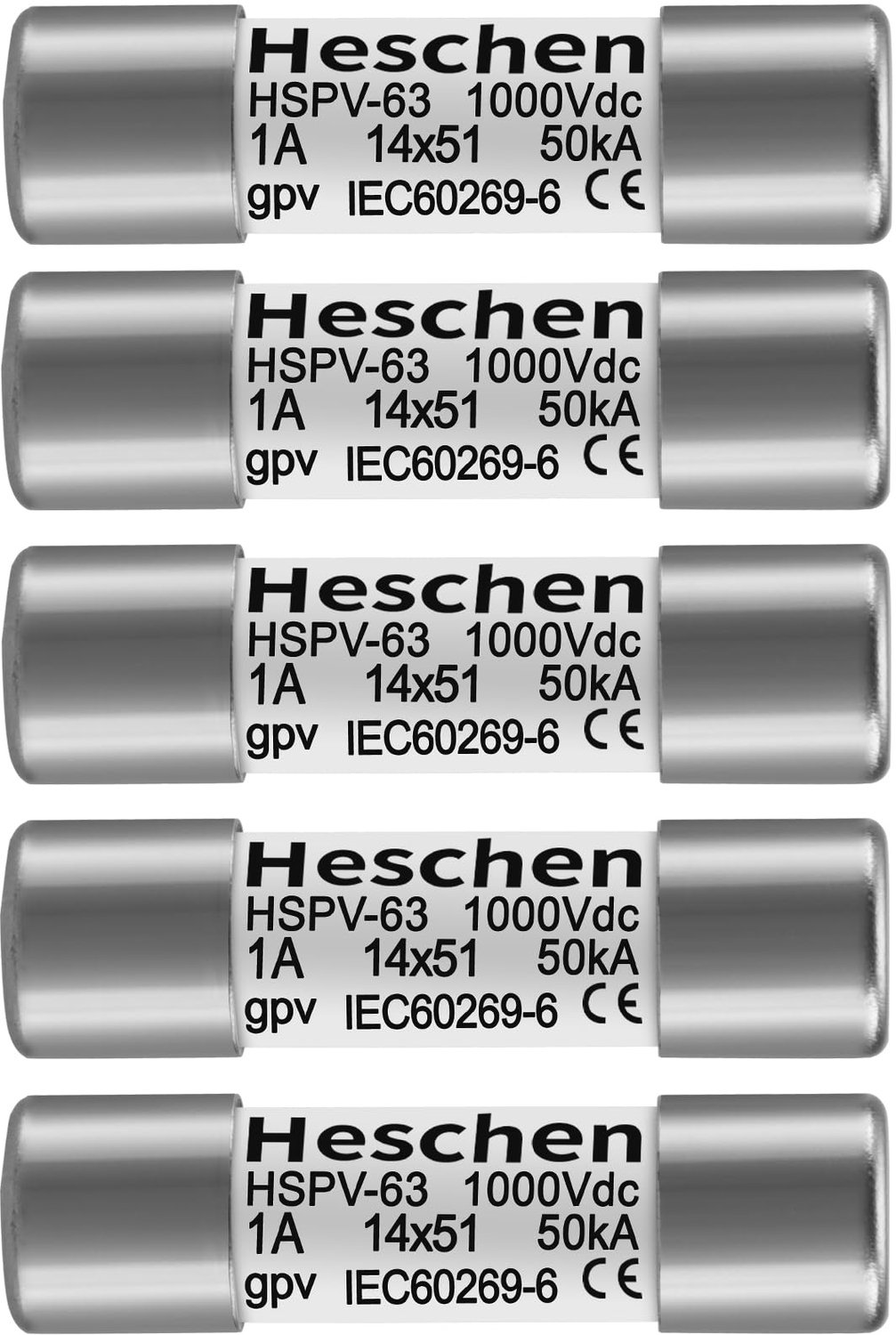 Fotovoltaïsche Zekering 1A 1000VDC - Zekeringhouder - Zekeringen - gPV-type - Zekeringkast - 50 kA - 14 x 51 mm, 5 stuks