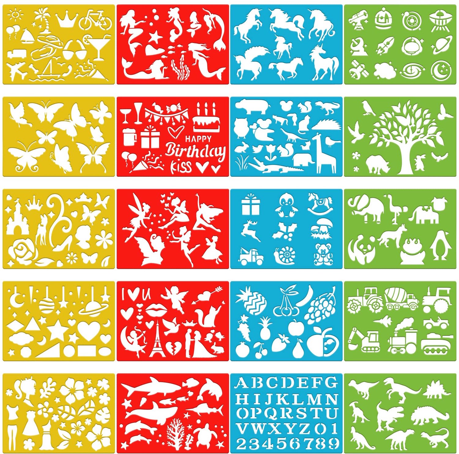 Kleurtekensjablonen 20-delig - Dieren/Eenhoorn/Dinosaurus - Verjaardagsfeesten - Schildergereedschap - A5/A4-notitieboeken - Creatieve patronen - Schilderstencils