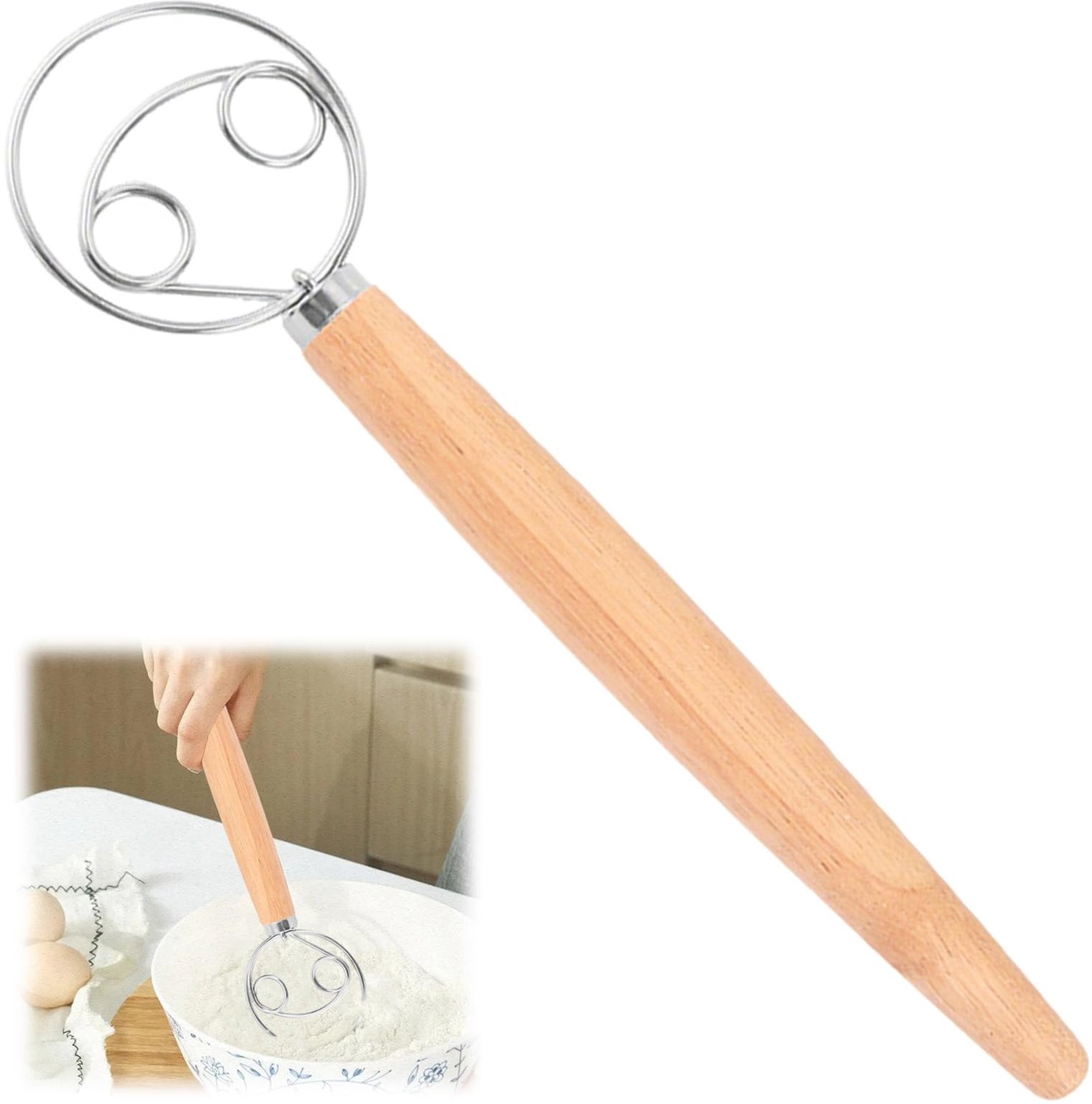 Handmixer met lange houten handvat - Voor het mengen van deeg