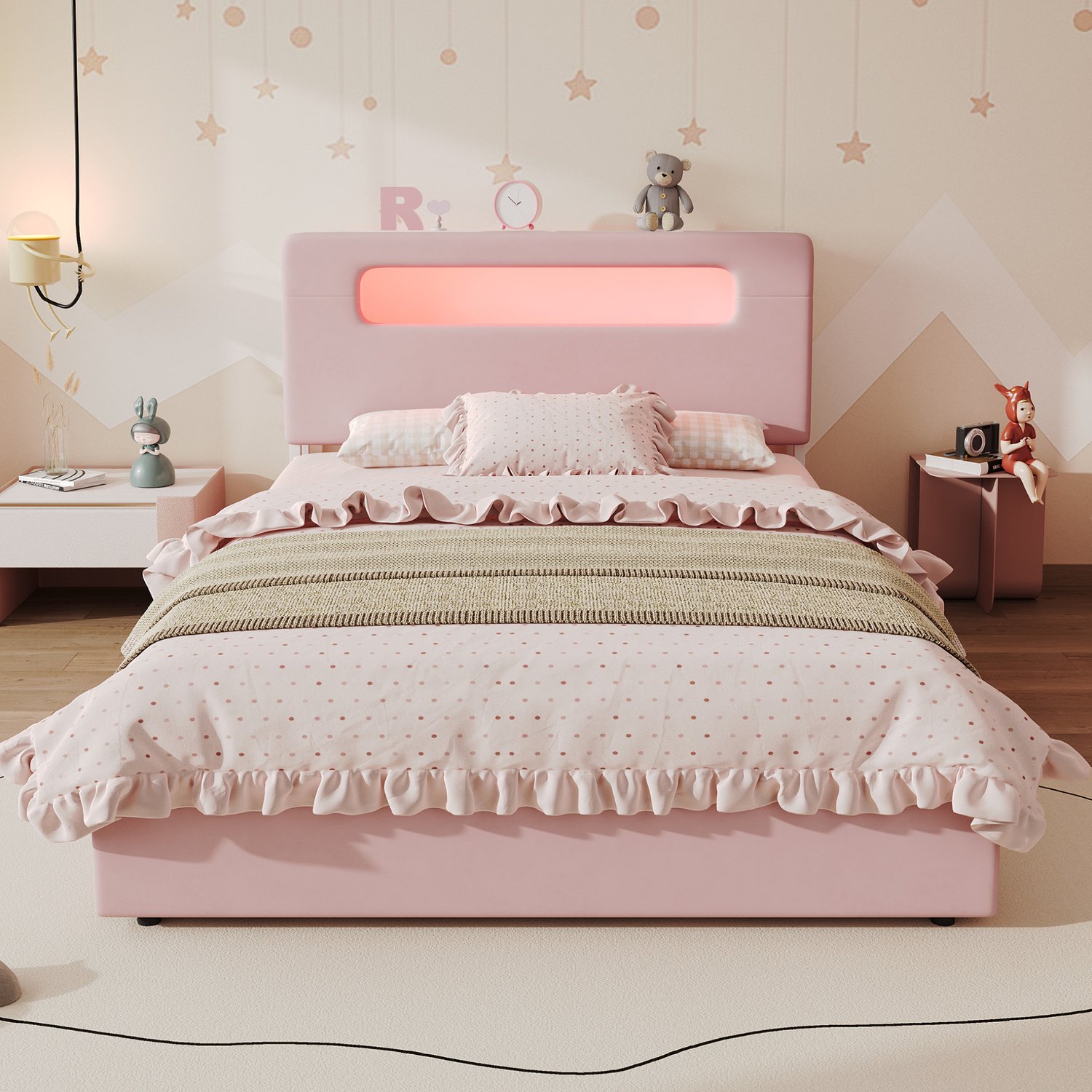 HAUSS SPOLE Gestoffeerd Kinderbed 140x200 cm - Met 4 Lades en Open Opbergruimte - Ledverlichting met Appbediening - Zonder Matras - Fluweel - Roze