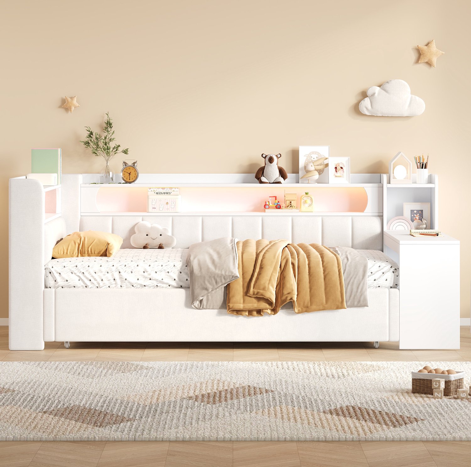 HAUSS SPOLE Gestoffeerd Dagbed 90x200 cm - Uitschuifbaar tot 180x200 cm - met Bureau, Rek en Verlichting - Matras Niet Vermeld - Hout en Stof - Wit