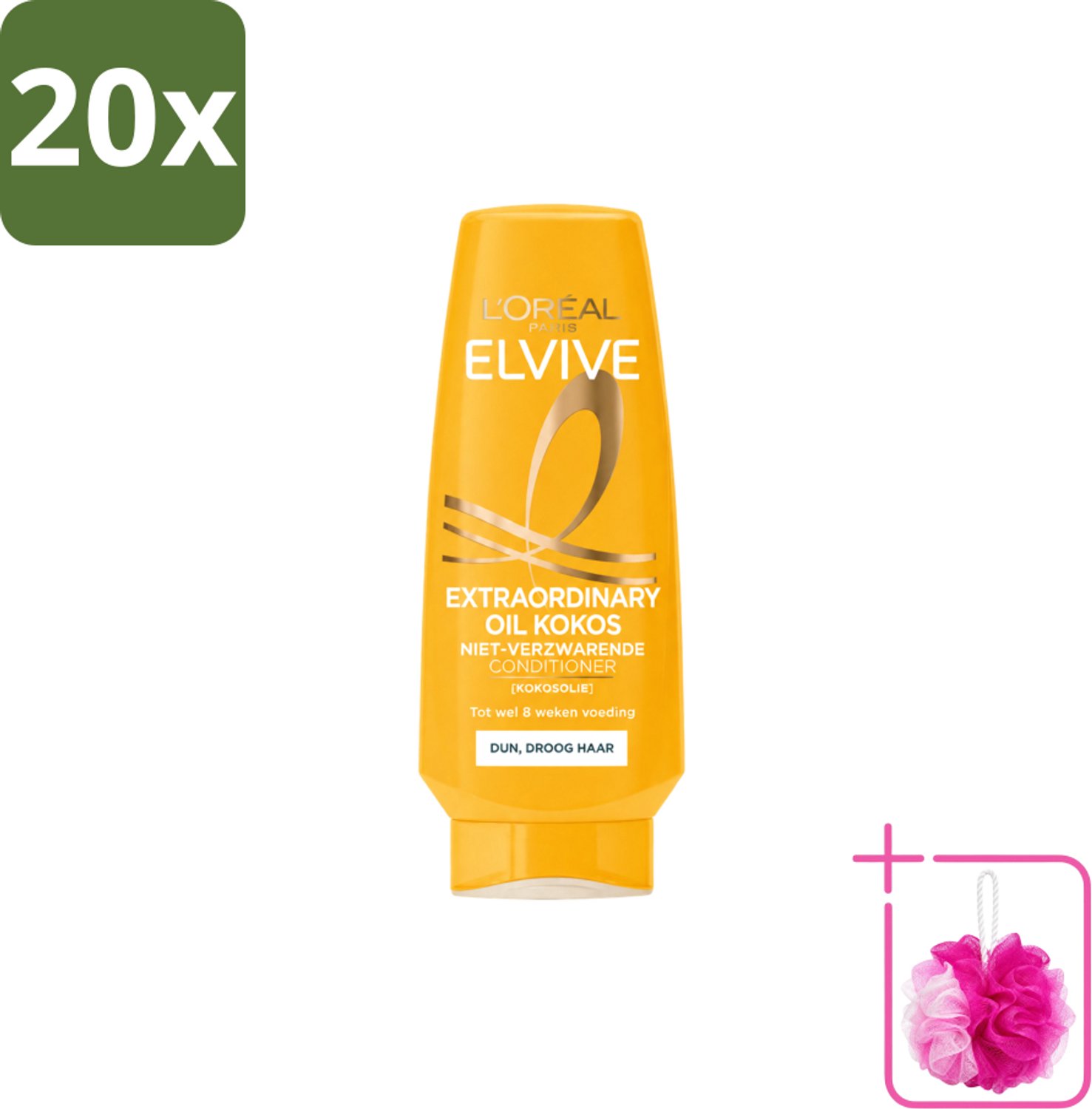 20 x L’Oréal Paris Elvive – Conditioner – Extraordinary Oil Kokos – 200 ml - Bulkverpakking - Kokosolie conditioner - Douchemop - Droog haar
