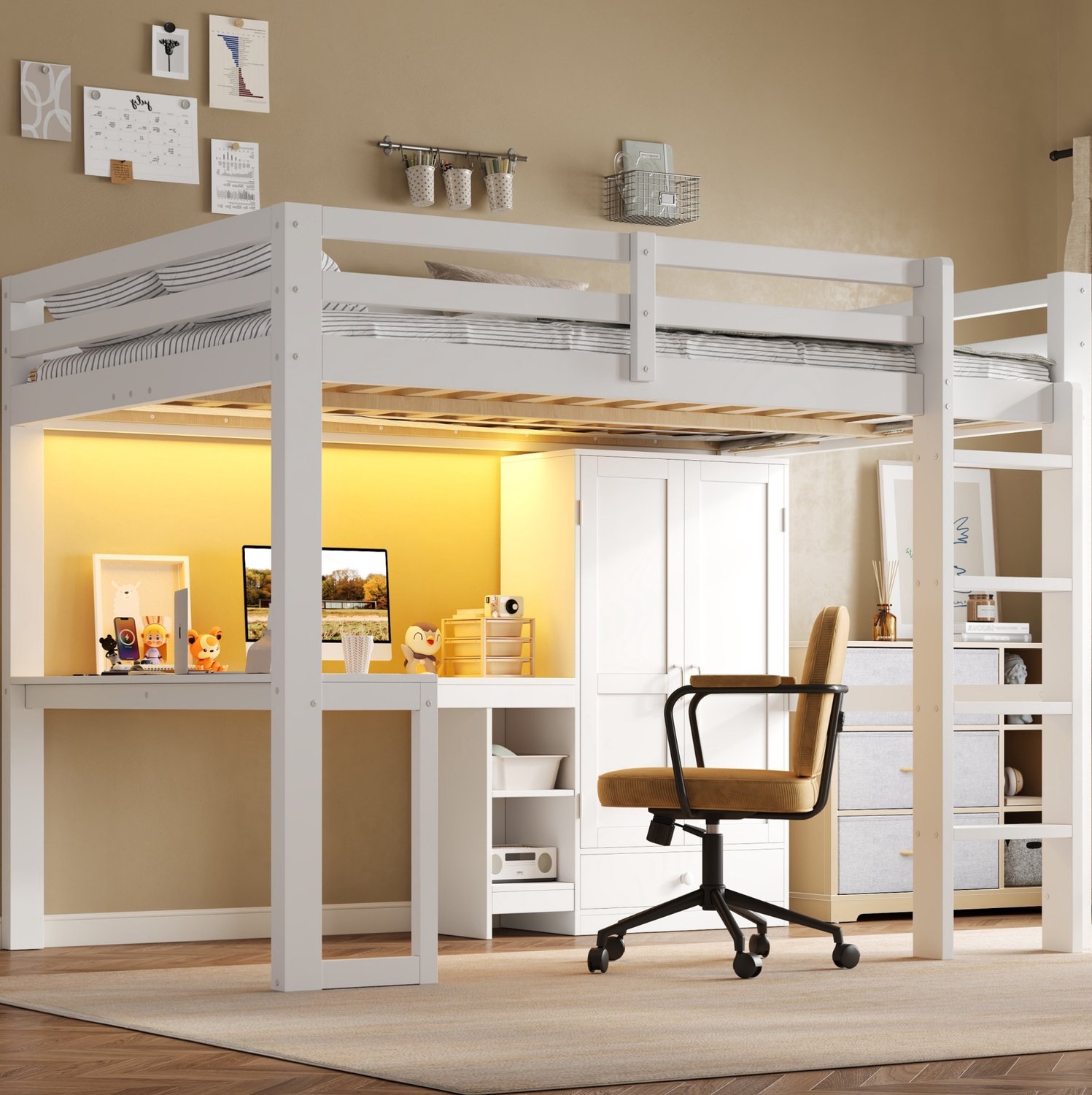 HAUSS SPOLE Hoogslaper 140x200 cm - Bed met Bureau en Kledingkast - Met Opbergruimte, Usb en Ledverlichting - Matras Niet Vermeld - Hout - Wit