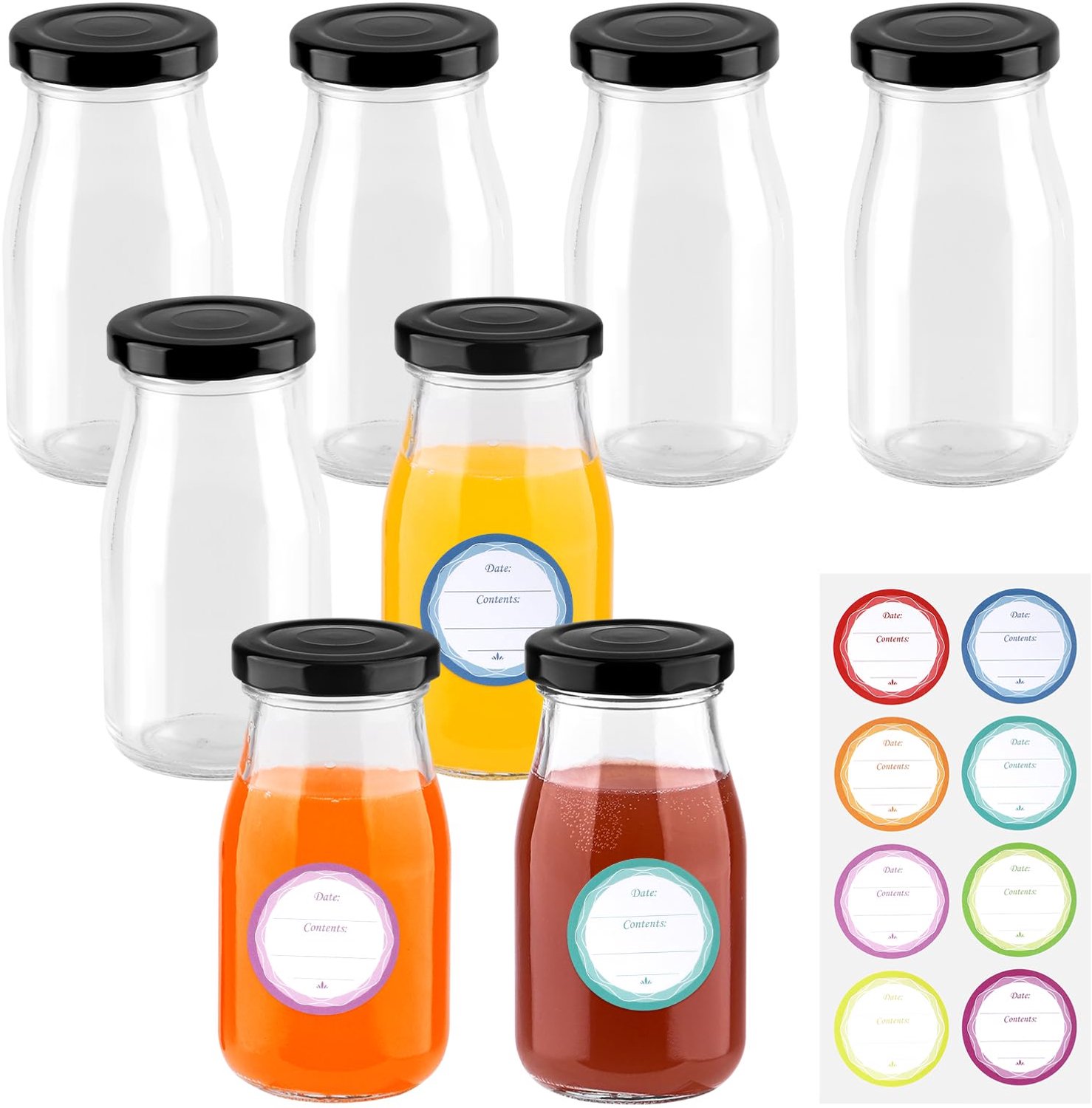 Set van 8 Mini Glazen Flessen met Labels voor Sap en Specerijen