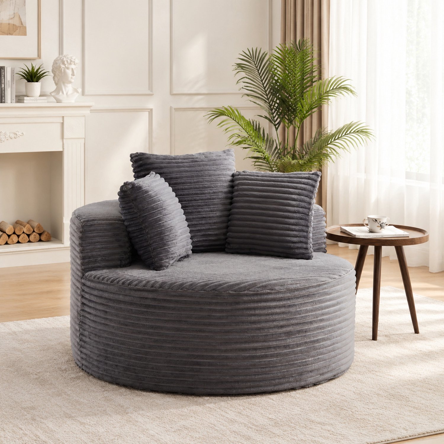 OKWISH Fauteuil - Rond 110 cm - Met 3 Sierkussens En Brede Armleuningen - Voor Woonkamer Slaapkamer En Leeshoek - Ribstof -Grijs