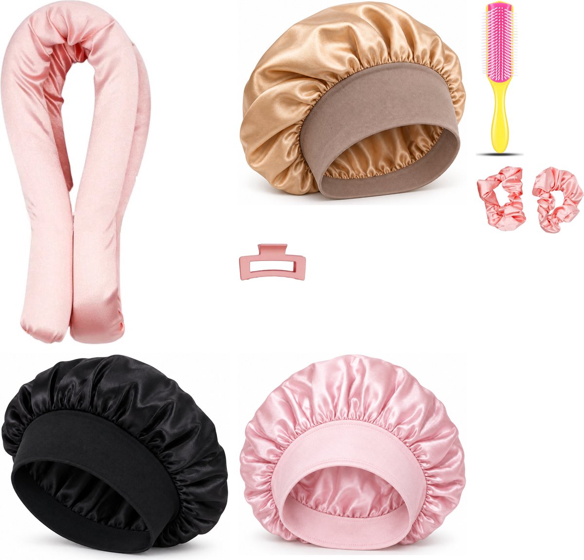 Professor Q Heatless Curls Set - Heatless Curlset met 2 Elastiekjes en Klem - Bonnet Roze - Bonnet Zwart - Bonnet Goud - Fusion Pink Borstel