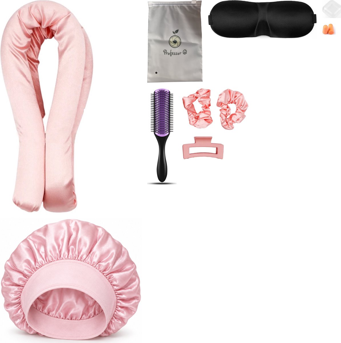 Professor Q Heatless Curls Set - Heatless Curlset met 2 Elastiekjes en Klem - Bonnet Roze - Purple Black Borstel - Slaapmasker Zwart