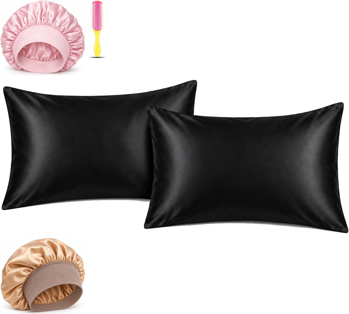 Professor Q Haar- en Slaapset - 2 Kussenslopen Zwart 60 x 70 cm - Bonnet Roze - Bonnet Goud - Fusion Pink Borstel