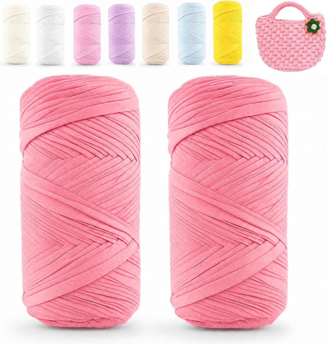 2 stuks T-shirt-garen, textielgaren om te haken, per rol van 200 g, textielgaren, lintgaren voor doe-het-zelf handwerk, woondecoratie, tassen, manden, deken (watermeloenroze)