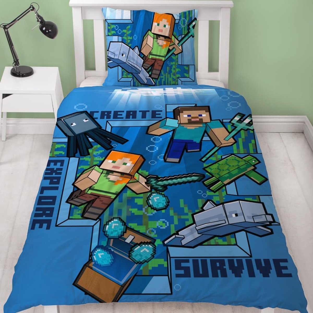 Beddengoed, kinderbeddengoed, jeugdbeddengoed, 135 x 200 cm, onderwaterwereld, omkeerbaar motief, kussensloop 80 x 80 cm + dekbedovertrek 135 x 200 cm, 100% katoen, Duitse maat