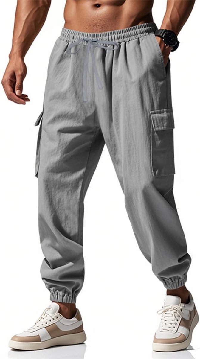 Herenbroek met zakken en elastische tailleband, casual, licht, voor heren, comfortabel, losse pasvorm, strandbroek, baggy broek, lente