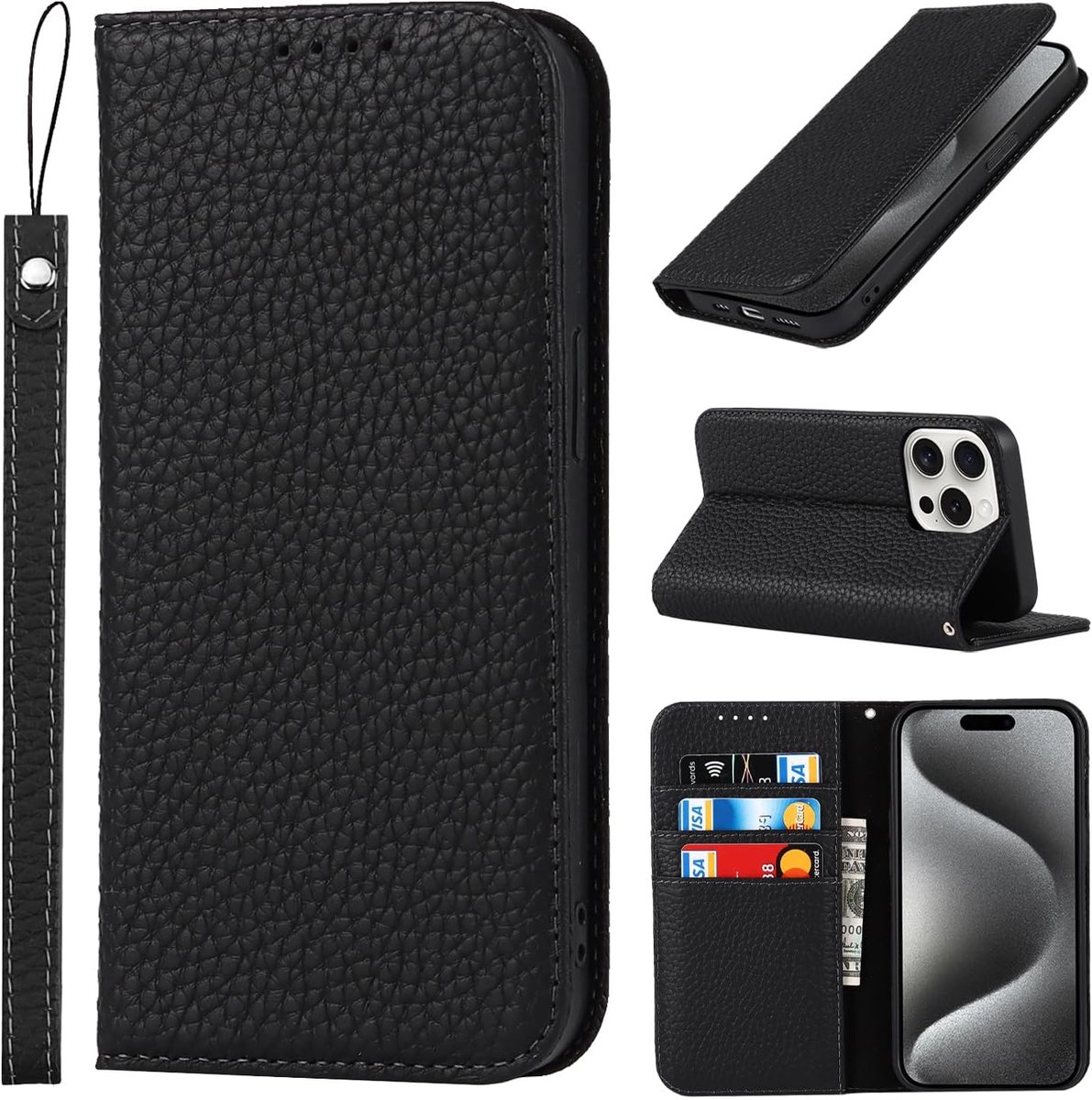 Hoesje compatibel met iPhone 15 Pro Max,Flip Echt Leder Portemonnee Case,[4 Kaartsleuf][Magnetische][Met Koord],Telefoonhoes Case Hoes compatibel met iPhone 15 Pro Max - Zwart