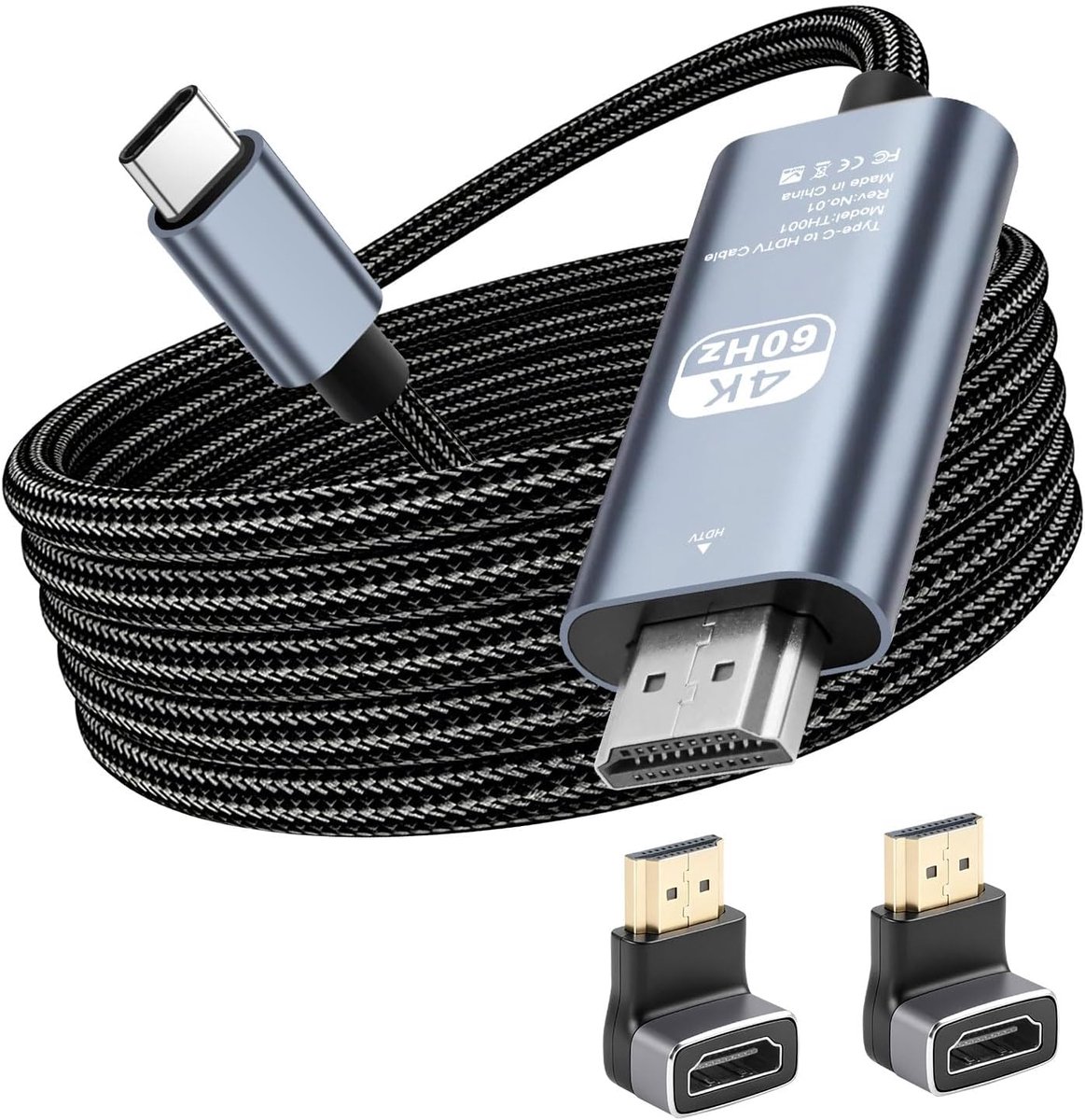 C naar HDMI-kabel, 2 m, USB C naar HDMI 4K @60Hz Thunderbolt 4/3, compatibel met 90° en 270° HDTV-adapter, voor iPhone 15/16-serie, MacBook, iPad Pro/Air, Samsung Galaxy, monitor, tv-projector