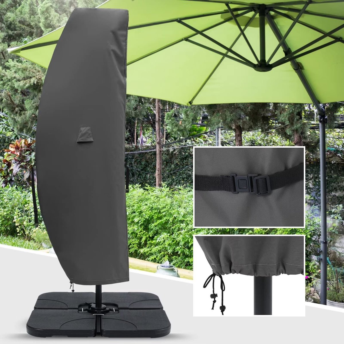 Famanu Beschermhoes voor 260 cm tot 400 cm parasol/zweefparasol, waterdichte outdoor parasol-afdekking met ritssluiting en stang, groot, grijs